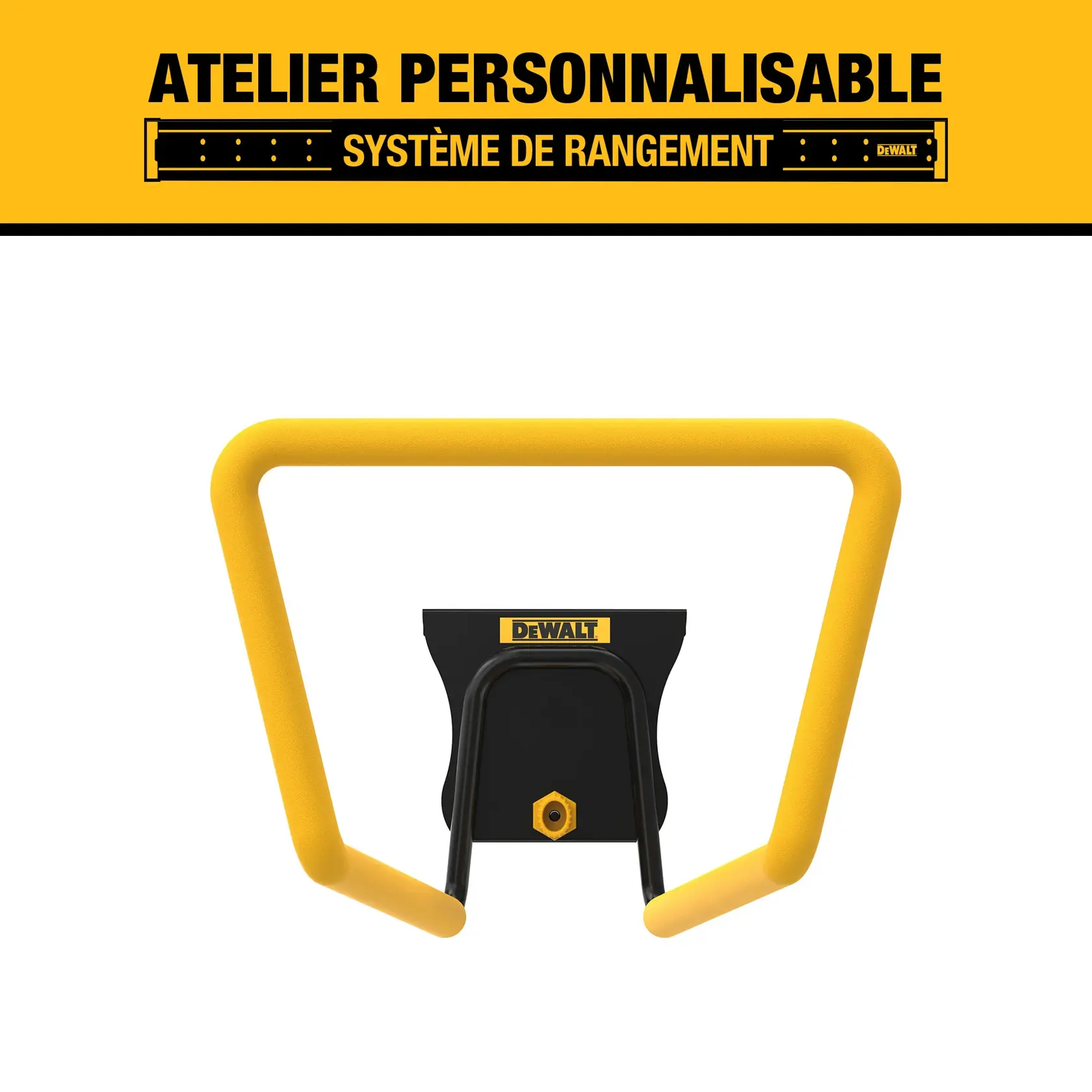 DEWALT customizable workshop storage system graphic, showing a yellow and black wall-mounted bracket with a label indicating 10 kg maximum load.