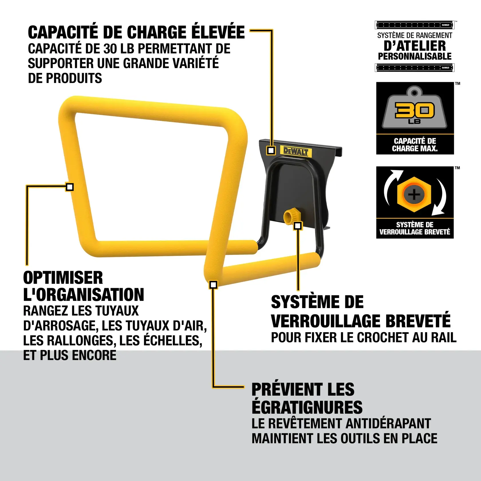 Product image showing a DEWALT heavy-duty storage hook with yellow slip-resistant coating and patented latching system for customizable workshop storage. Supports up to 30 lbs and is ideal for organizing garden hoses, extension cords, ladders, and other products.