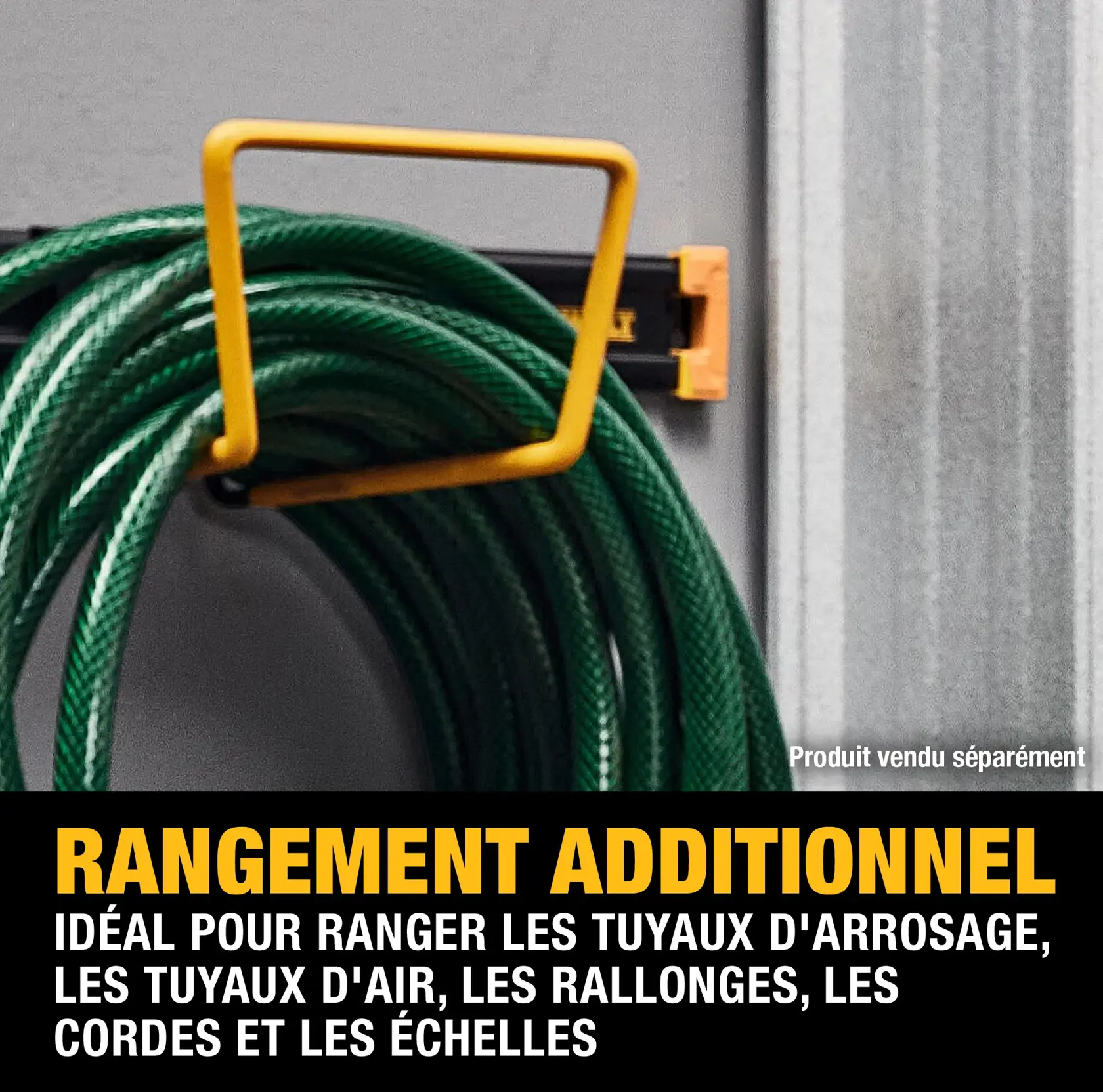 A DEWALT storage hook mounted on a wall holding a coiled green garden hose. The text below reads: 'Added Storage. Ideal for storing garden hoses, air hoses, extension cords, ropes, and ladders.' Product sold separately.