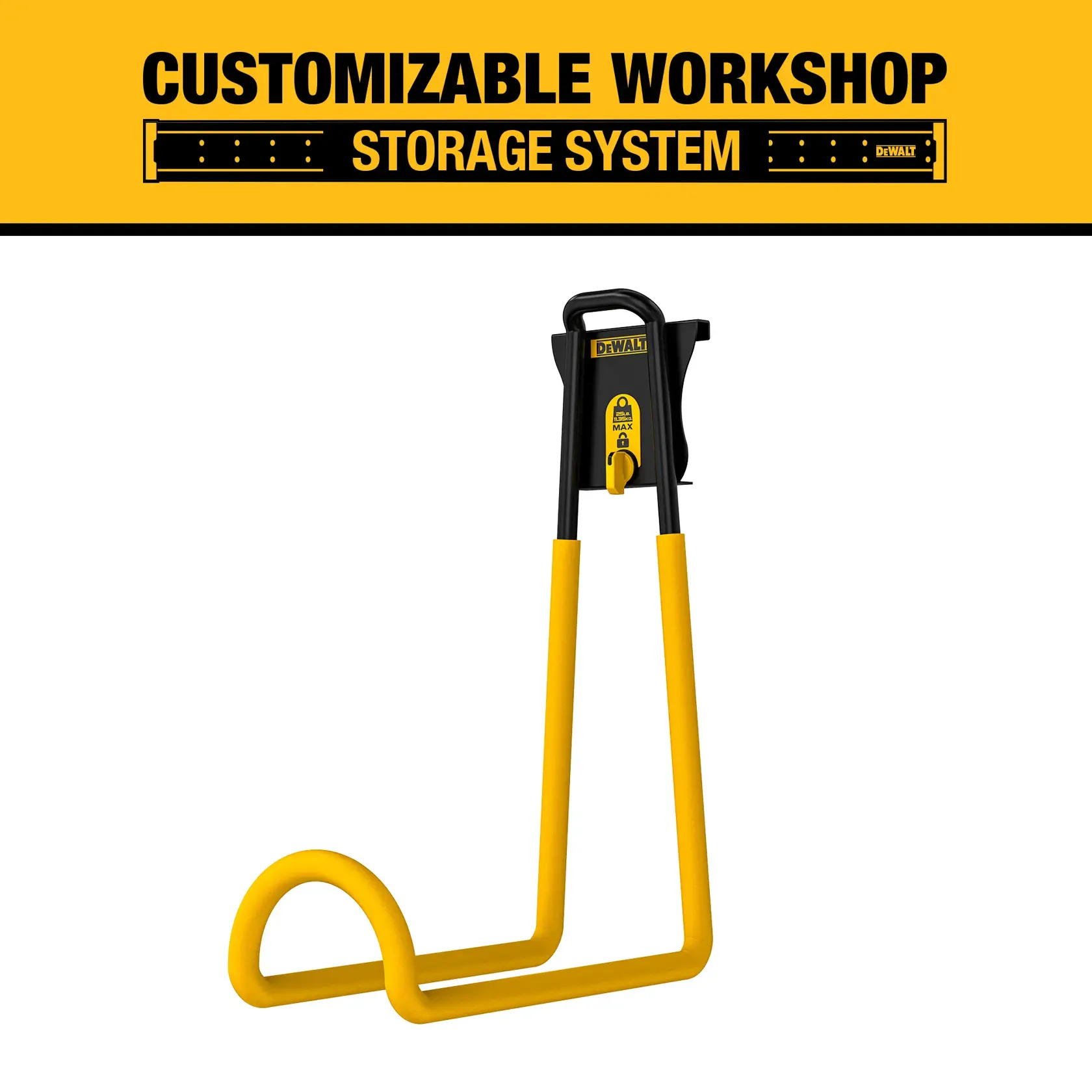 DEWALT DWST82810 customizable workshop storage system, featuring a yellow and black wall-mounted rack accessory with a curved yellow metal holder.