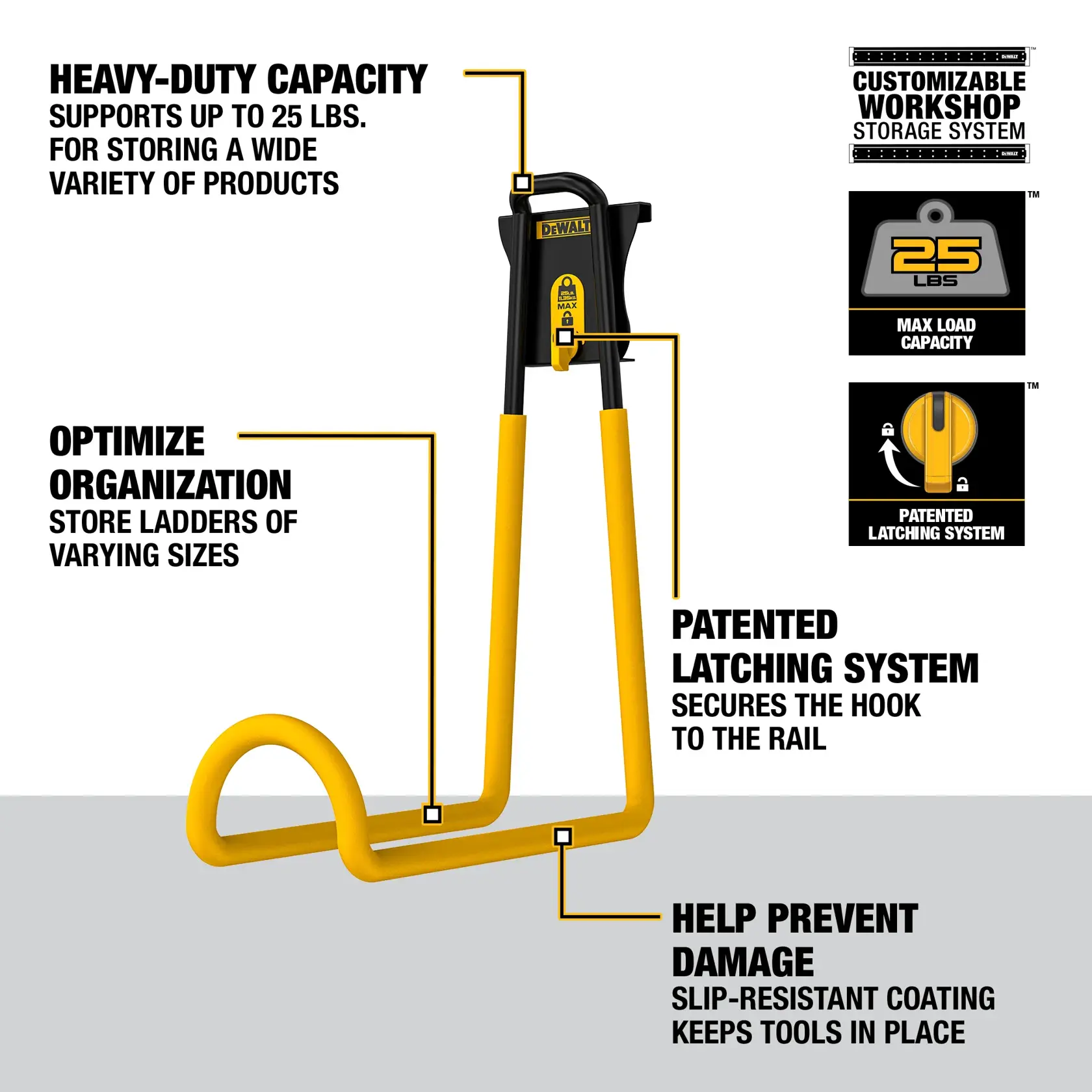 DEWALT DWST82810 workshop storage hook, featuring heavy-duty capacity with support for up to 25 lbs, a patented latching system to secure the hook to the rail, slip-resistant coating to help prevent damage and keep tools in place, and design optimized for storing ladders of varying sizes. Includes customizable workshop storage system icons.