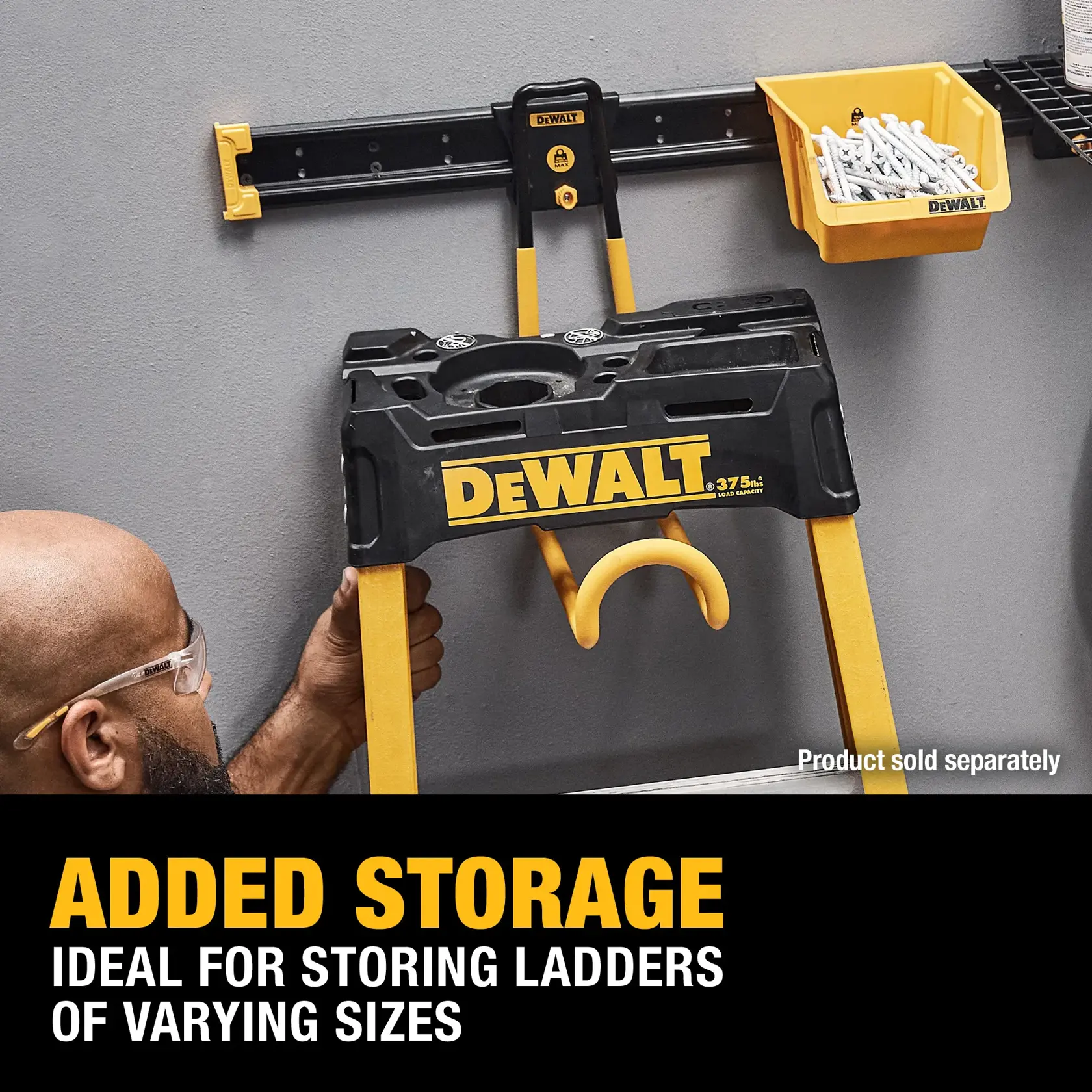 A DEWALT wall-mounted storage solution holding a yellow and black ladder, with a small yellow bin for hardware attached nearby. The image highlights added storage ideal for storing ladders of varying sizes.