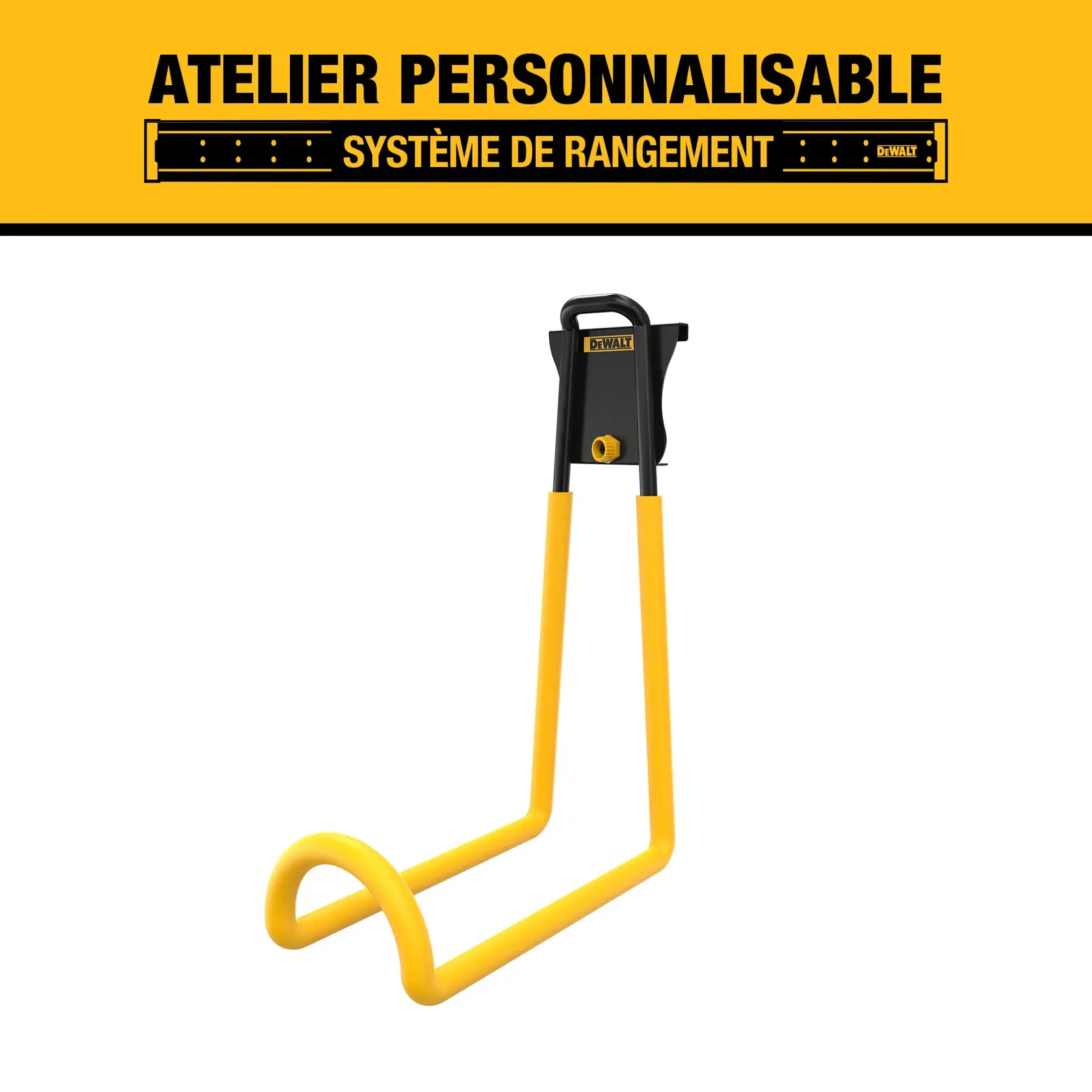 DEWALT DWST82810 customizable workshop storage system, featuring a yellow and black wall-mounted rack accessory with a curved yellow metal holder.
