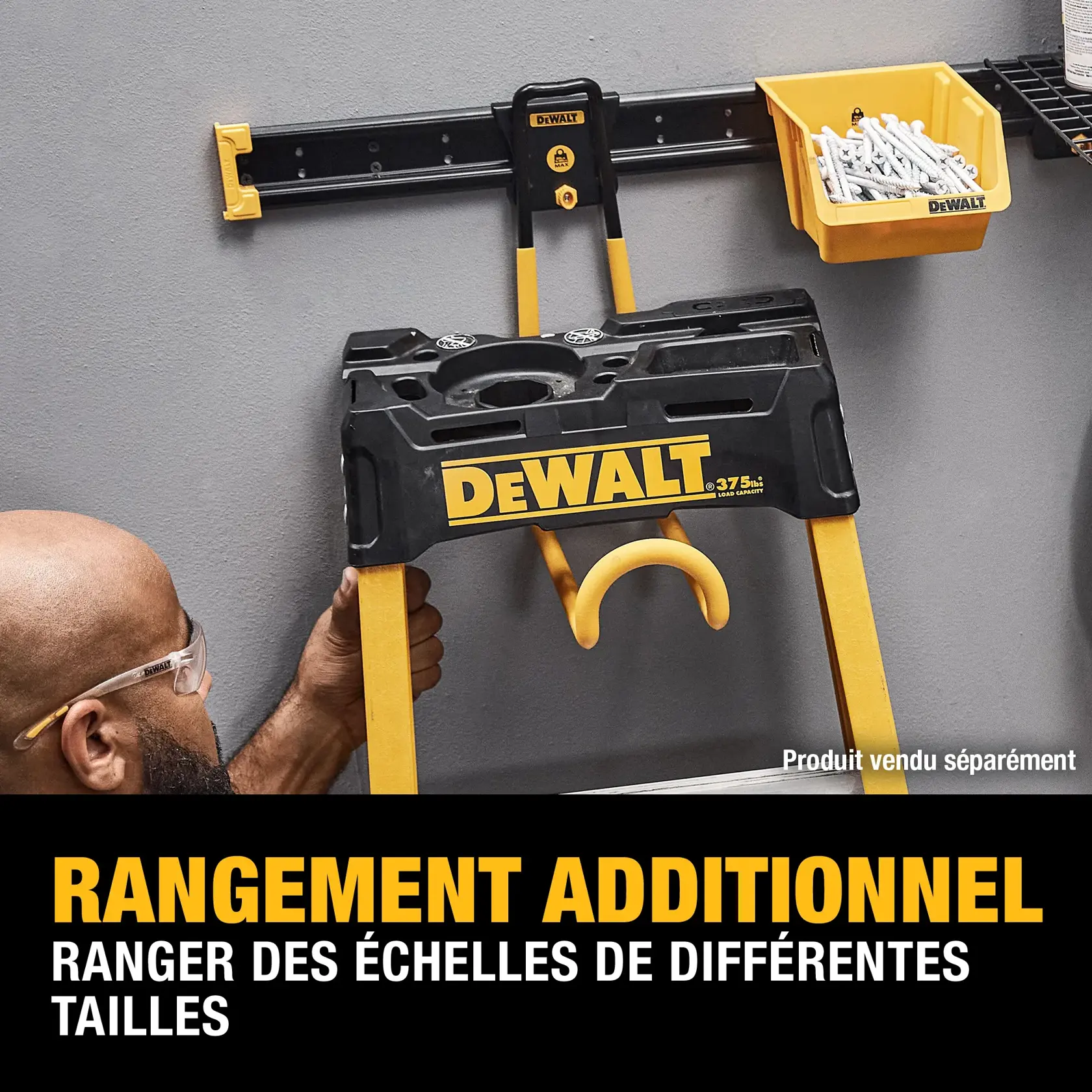 A DEWALT wall-mounted storage solution holding a yellow and black ladder, with a small yellow bin for hardware attached nearby. The image highlights added storage ideal for storing ladders of varying sizes.