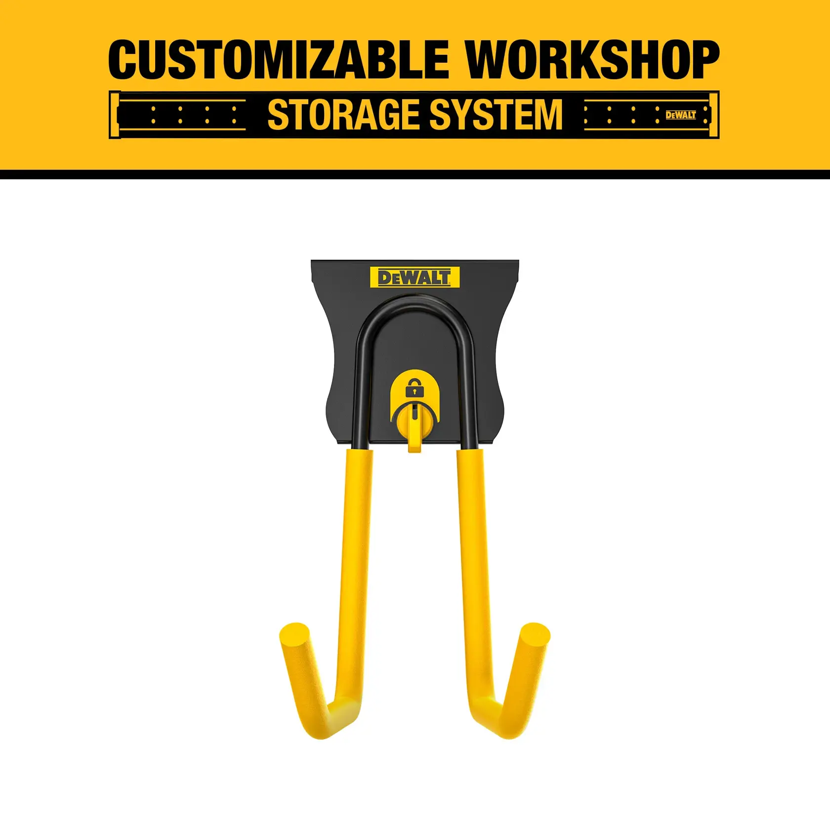Graphic showing the DEWALT customizable workshop storage system with a dual-prong wall hook accessory, featuring yellow and black colors and the DEWALT logo.