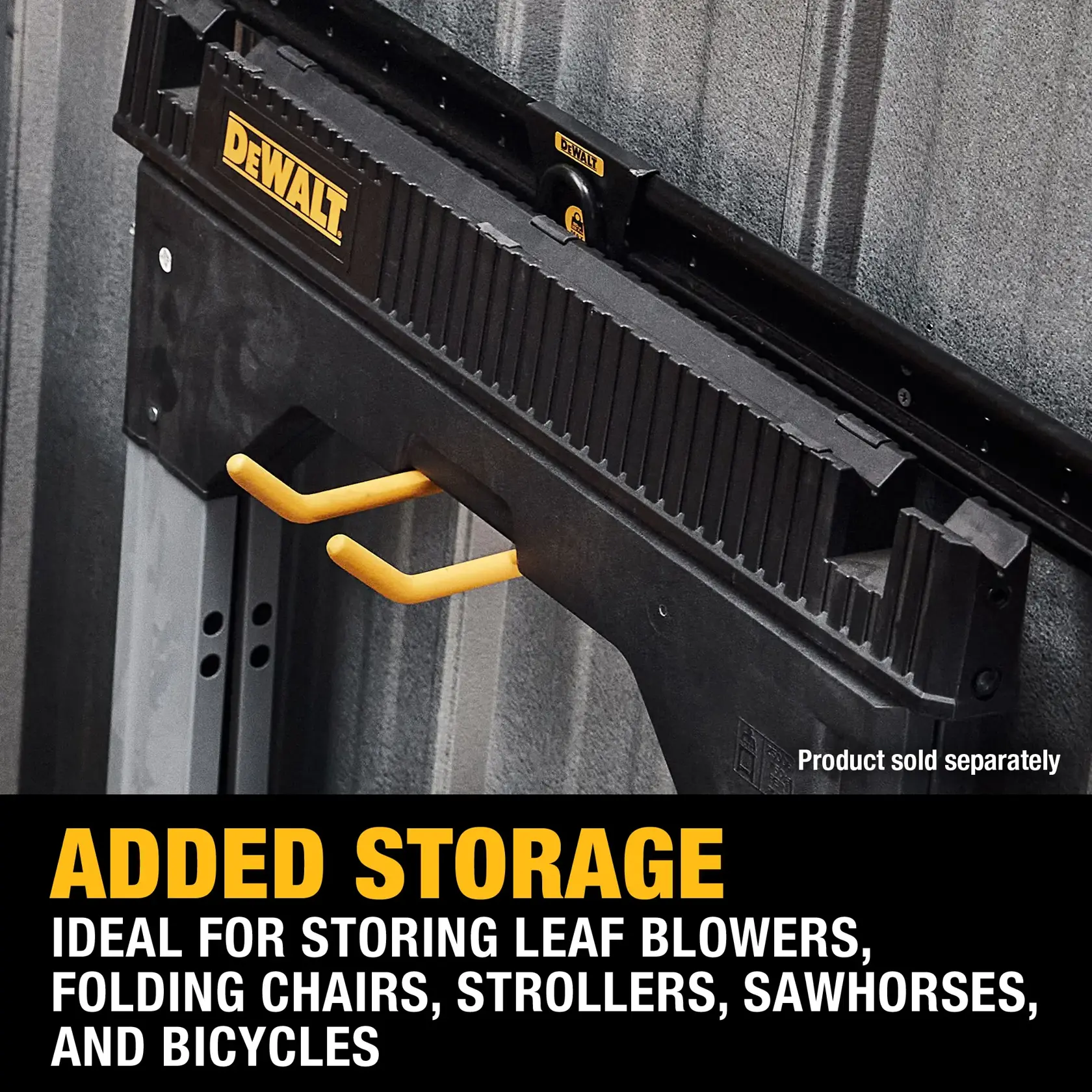 DEWALT wall-mounted storage rack with yellow hooks for added storage, suitable for storing leaf blowers, folding chairs, strollers, sawhorses, and bicycles. Product sold separately.