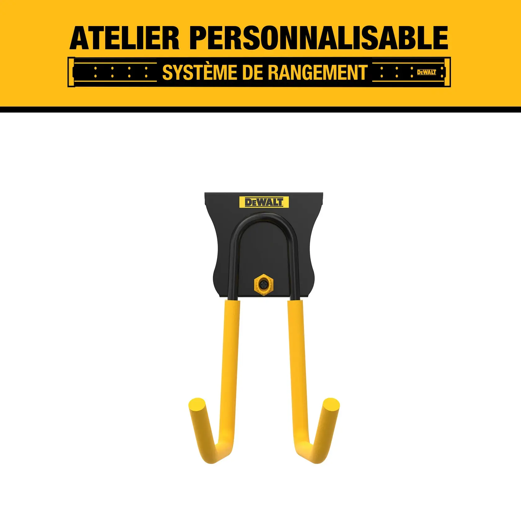 Graphic showing the DEWALT customizable workshop storage system with a dual-prong wall hook accessory, featuring yellow and black colors and the DEWALT logo.
