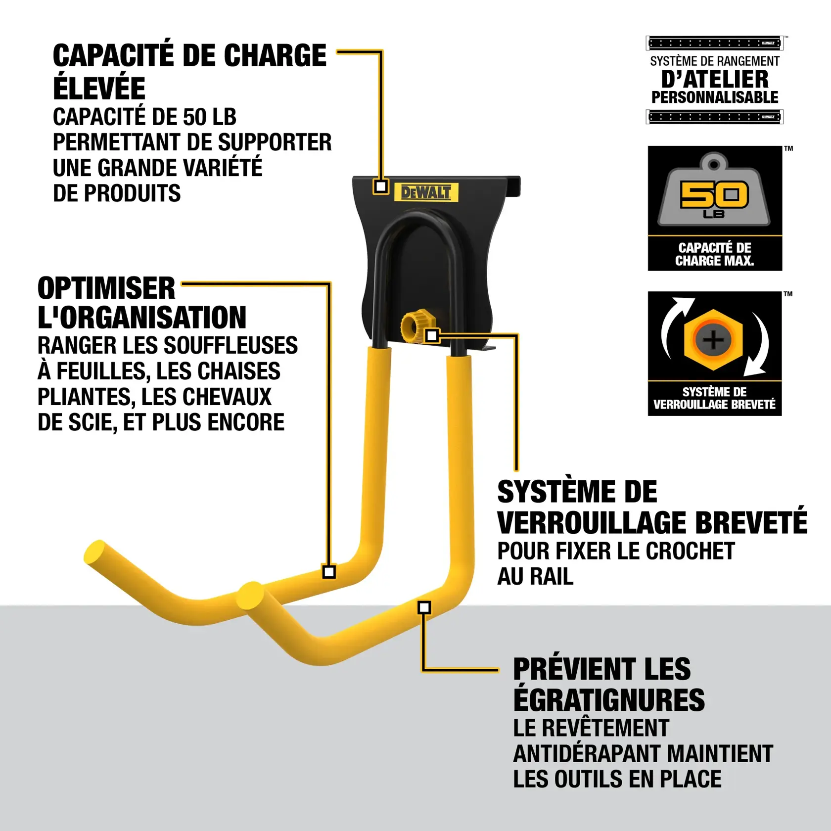 Image of a DEWALT heavy-duty storage hook with various features highlighted: supports up to 50 lbs, suitable for storing products like leaf blowers, folding chairs, and saw horses. Features a customizable workshop storage system, patented latching system that secures the hook to the rail, and slip-resistant coating to help prevent damage and keep tools in place.