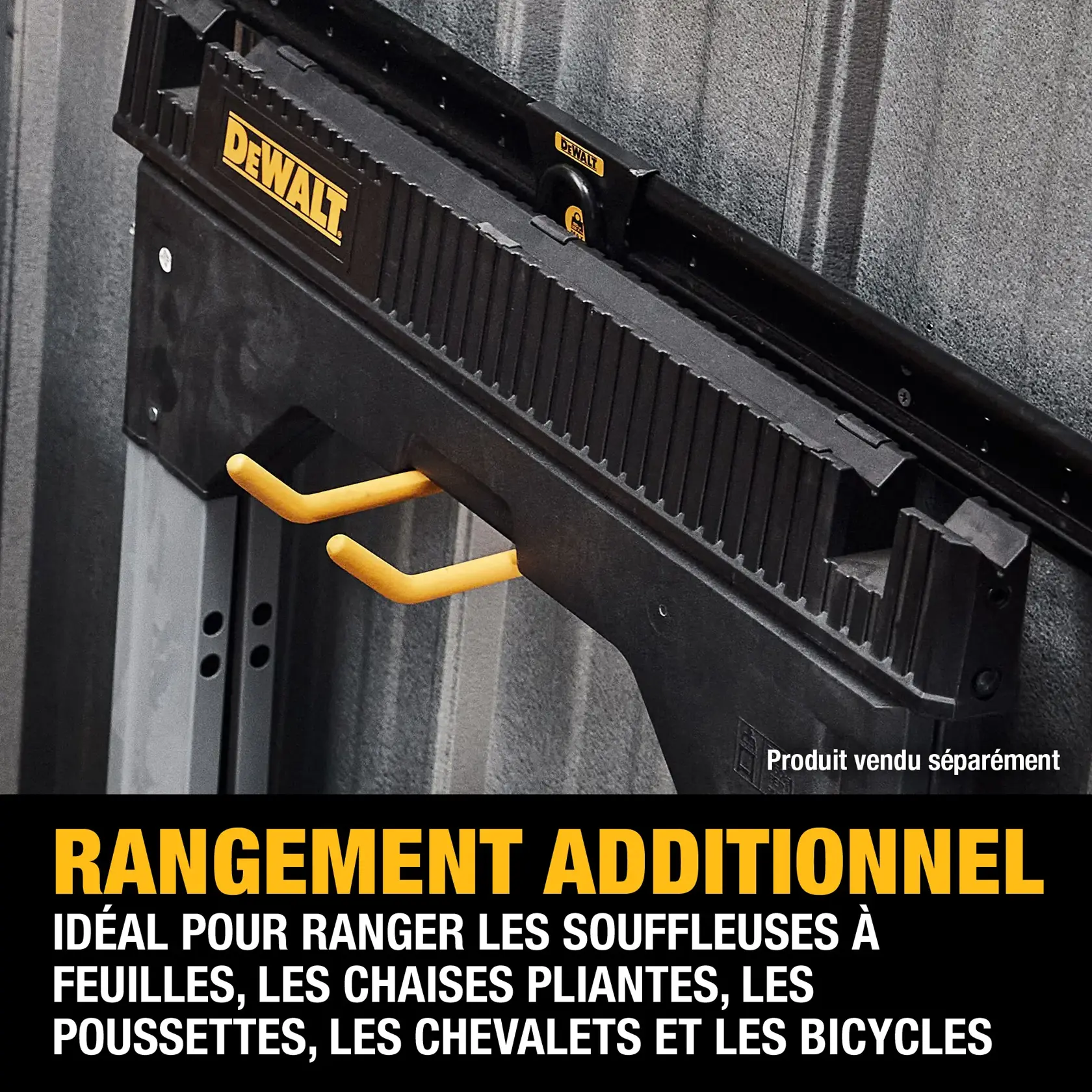 DEWALT wall-mounted storage rack with yellow hooks for added storage, suitable for storing leaf blowers, folding chairs, strollers, sawhorses, and bicycles. Product sold separately.
