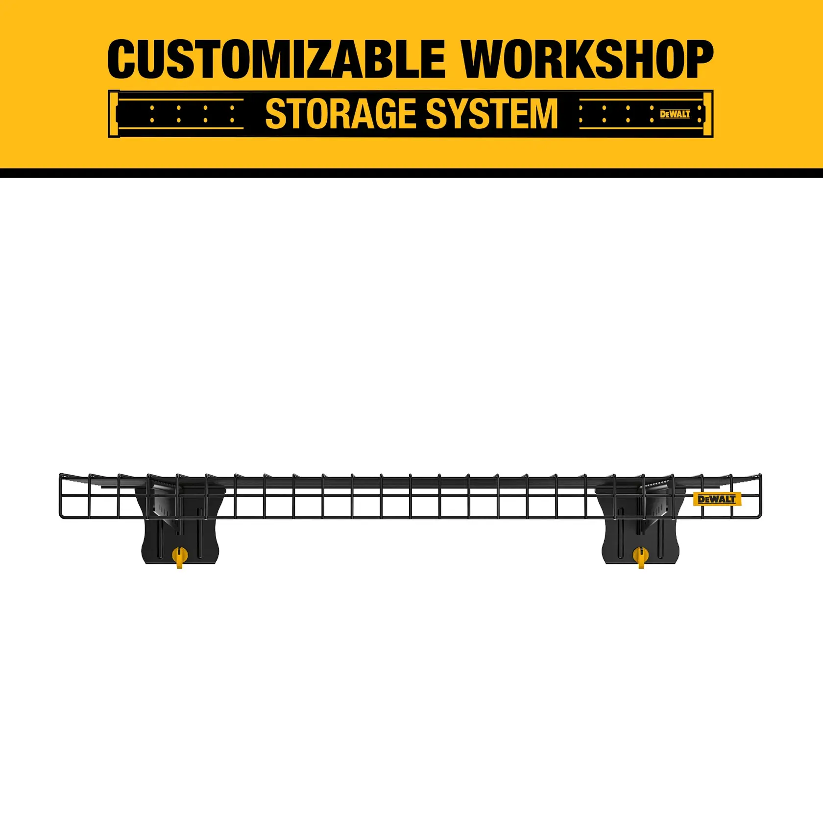 A DEWALT customizable workshop storage system shelf is shown, featuring a black metal wire rack mounted on two sturdy brackets with yellow accents. The background is white and the top of the image displays a yellow banner with text describing the customizable workshop storage system.