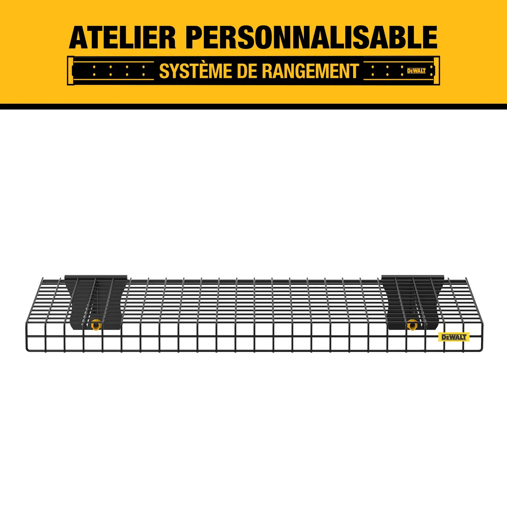 A DEWALT customizable workshop storage system shelf is shown, featuring a black metal wire rack mounted on two sturdy brackets with yellow accents. The background is white and the top of the image displays a yellow banner with text describing the customizable workshop storage system.
