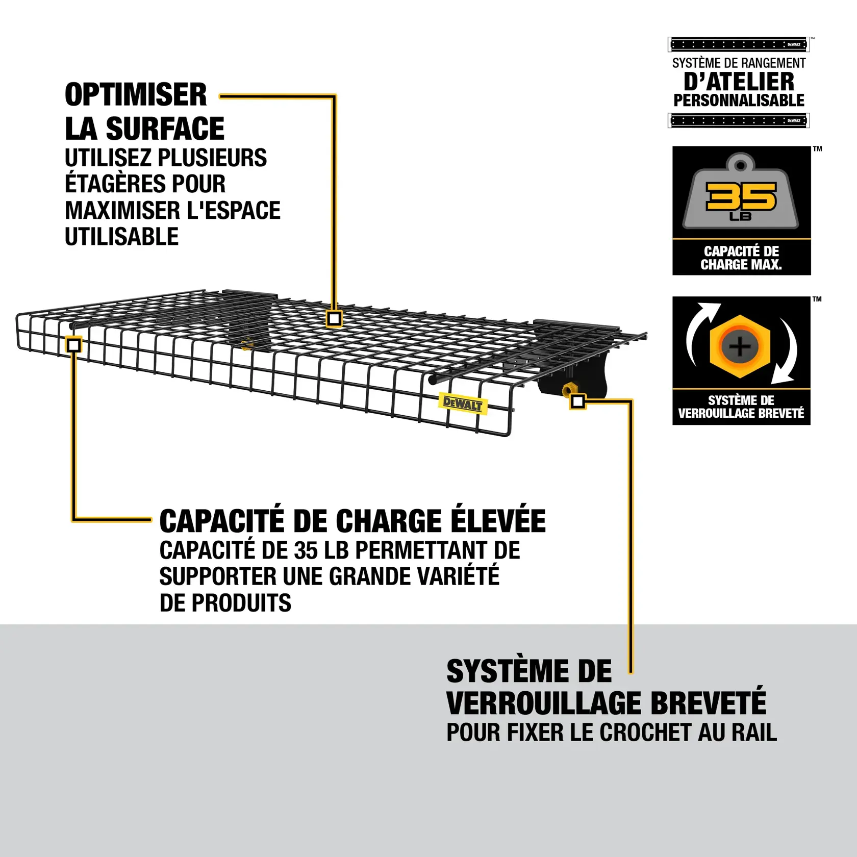 Graphic showing a DEWALT customizable workshop storage shelf with a wire grid design. Features highlighted include maximizing surface area with multiple shelves, heavy-duty capacity supporting up to 35 lbs for storing various products, and a patented latching system securing the hook to the rail. Additional icons display the max load capacity and patented latching system features.