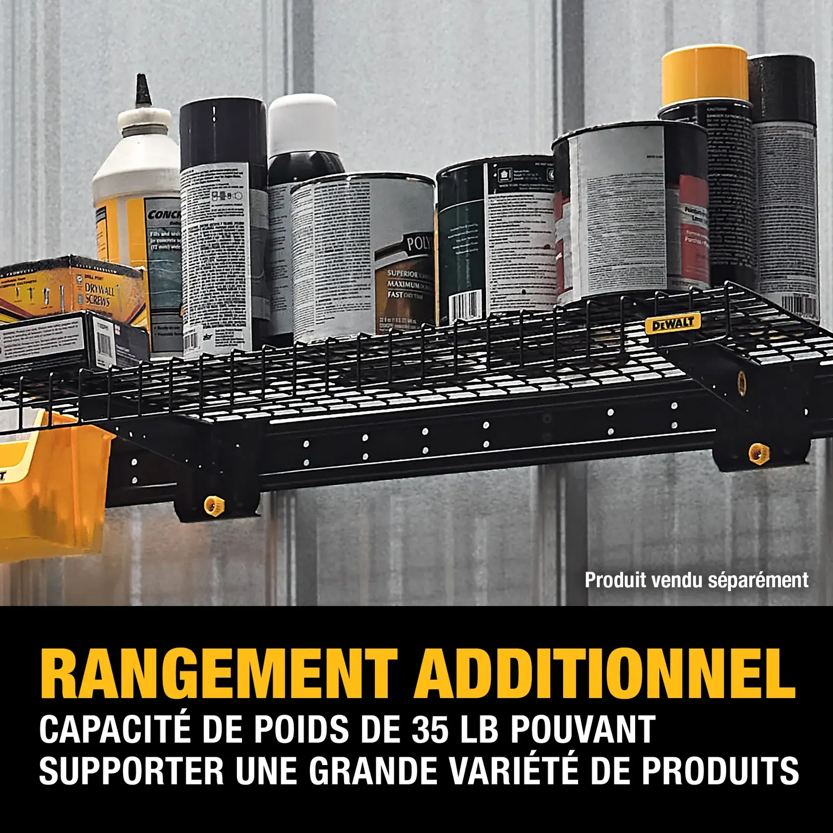 A DEWALT metal wire shelf mounted on a wall, holding various cans, bottles, and boxes with a label showing added storage. Text highlights a weight capacity of 35 lbs. The product is sold separately.