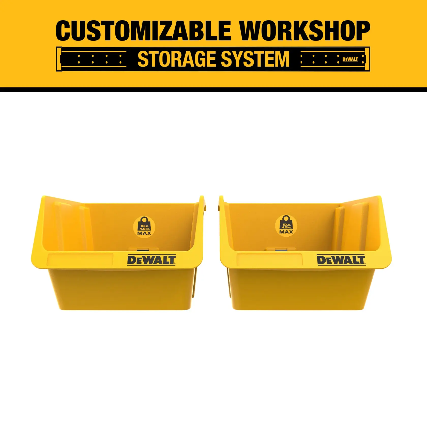 Image featuring two yellow DEWALT storage bins side by side, part of a customizable workshop storage system. The bins are labeled with the DEWALT logo and a weight capacity symbol. Above the bins is a yellow banner with black text that reads 'CUSTOMIZABLE WORKSHOP STORAGE SYSTEM.'