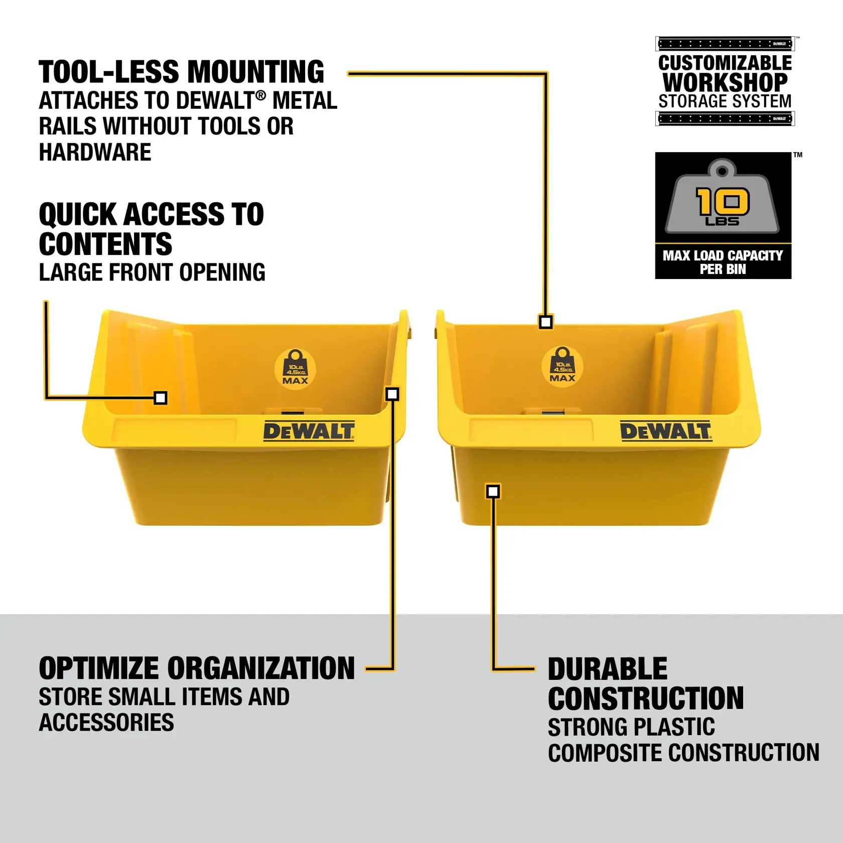 Image showing two yellow DEWALT storage bins. Includes labels highlighting key features: tool-less mounting to DEWALT metal rails without tools or hardware, quick access to contents with large front opening, customizable workshop storage system, 10 lbs max load capacity per bin, optimized organization for storing small items and accessories, and durable construction with strong plastic composite.