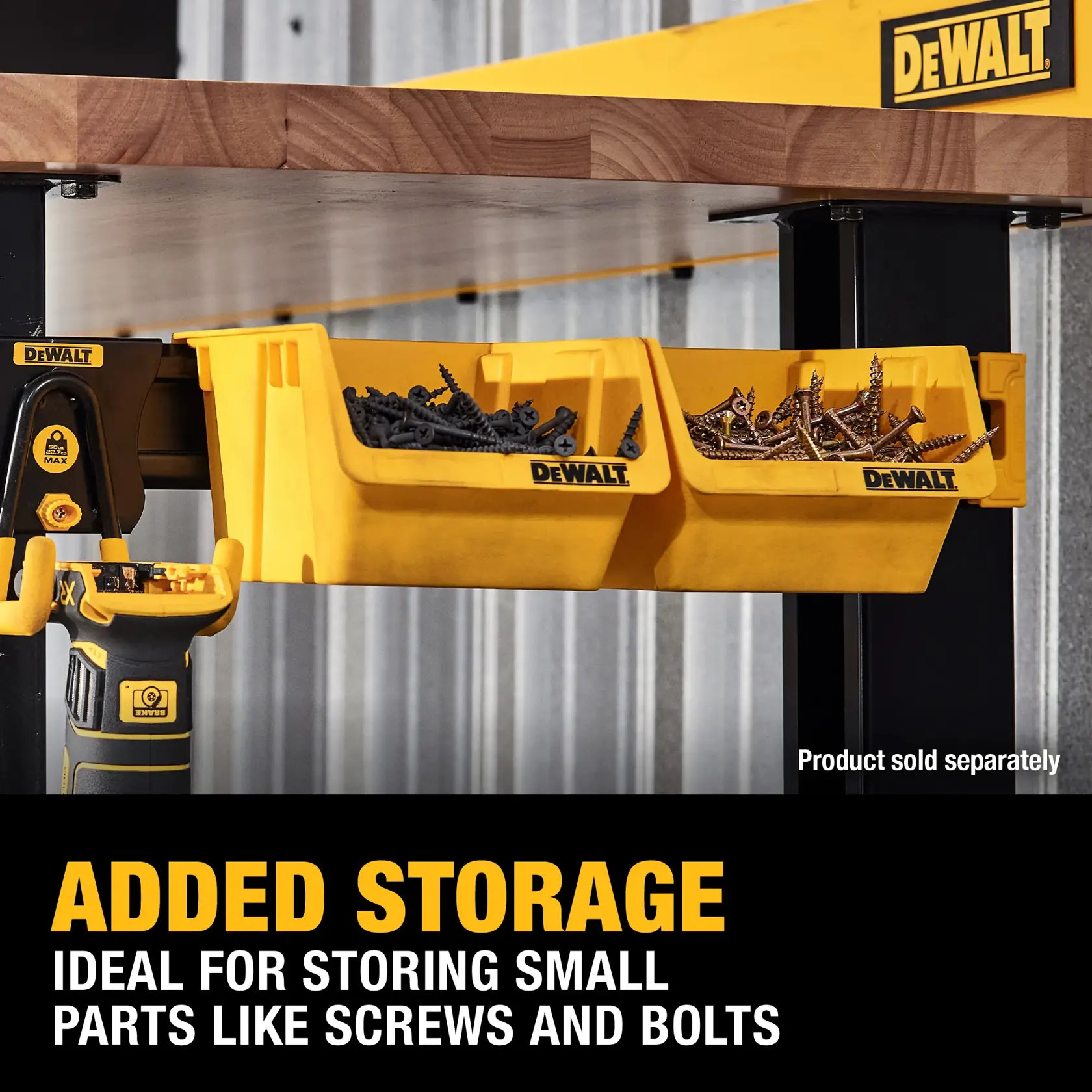 Two yellow DEWALT storage bins mounted under a wooden workbench, containing screws and bolts. The bins are designed to provide added storage for small parts, ideal for organizing hardware in a workshop. DEWALT branding is visible, and text highlights the storage feature.