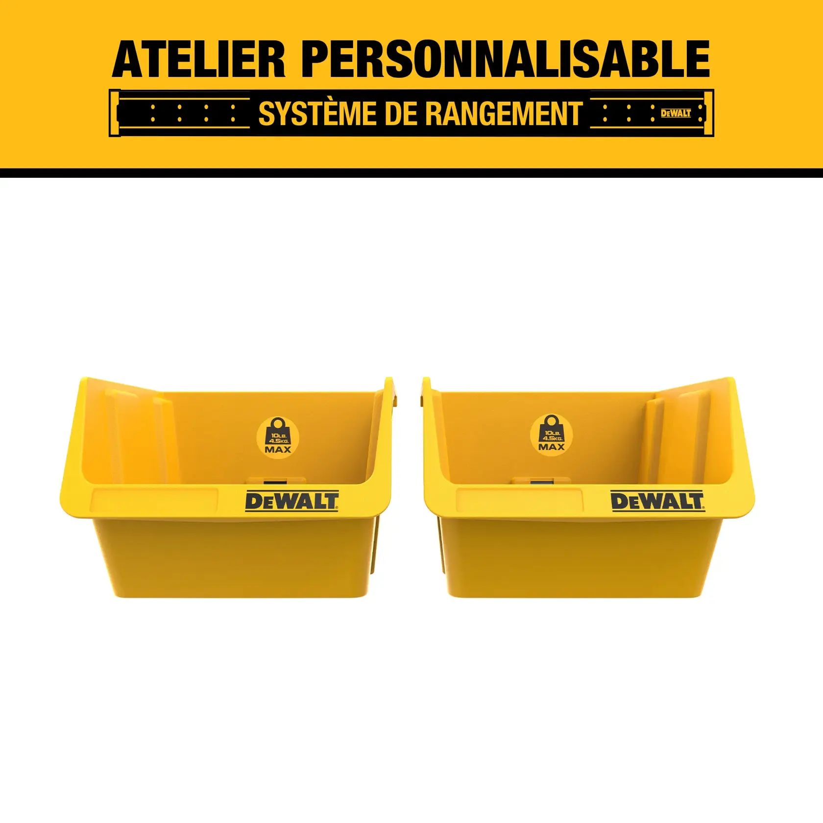 Image featuring two yellow DEWALT storage bins side by side, part of a customizable workshop storage system. The bins are labeled with the DEWALT logo and a weight capacity symbol. Above the bins is a yellow banner with black text that reads 'CUSTOMIZABLE WORKSHOP STORAGE SYSTEM.'