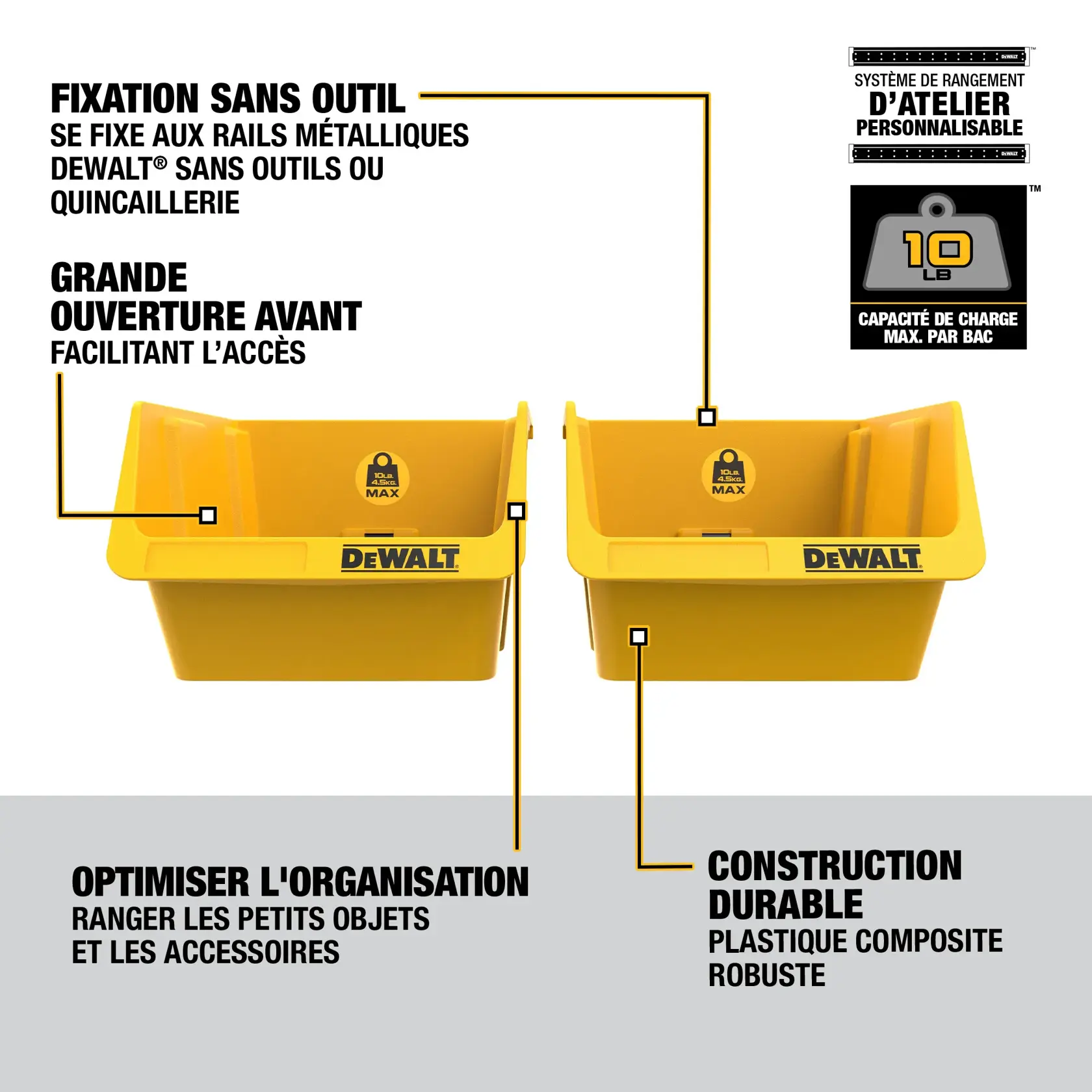 Image showing two yellow DEWALT storage bins. Includes labels highlighting key features: tool-less mounting to DEWALT metal rails without tools or hardware, quick access to contents with large front opening, customizable workshop storage system, 10 lbs max load capacity per bin, optimized organization for storing small items and accessories, and durable construction with strong plastic composite.