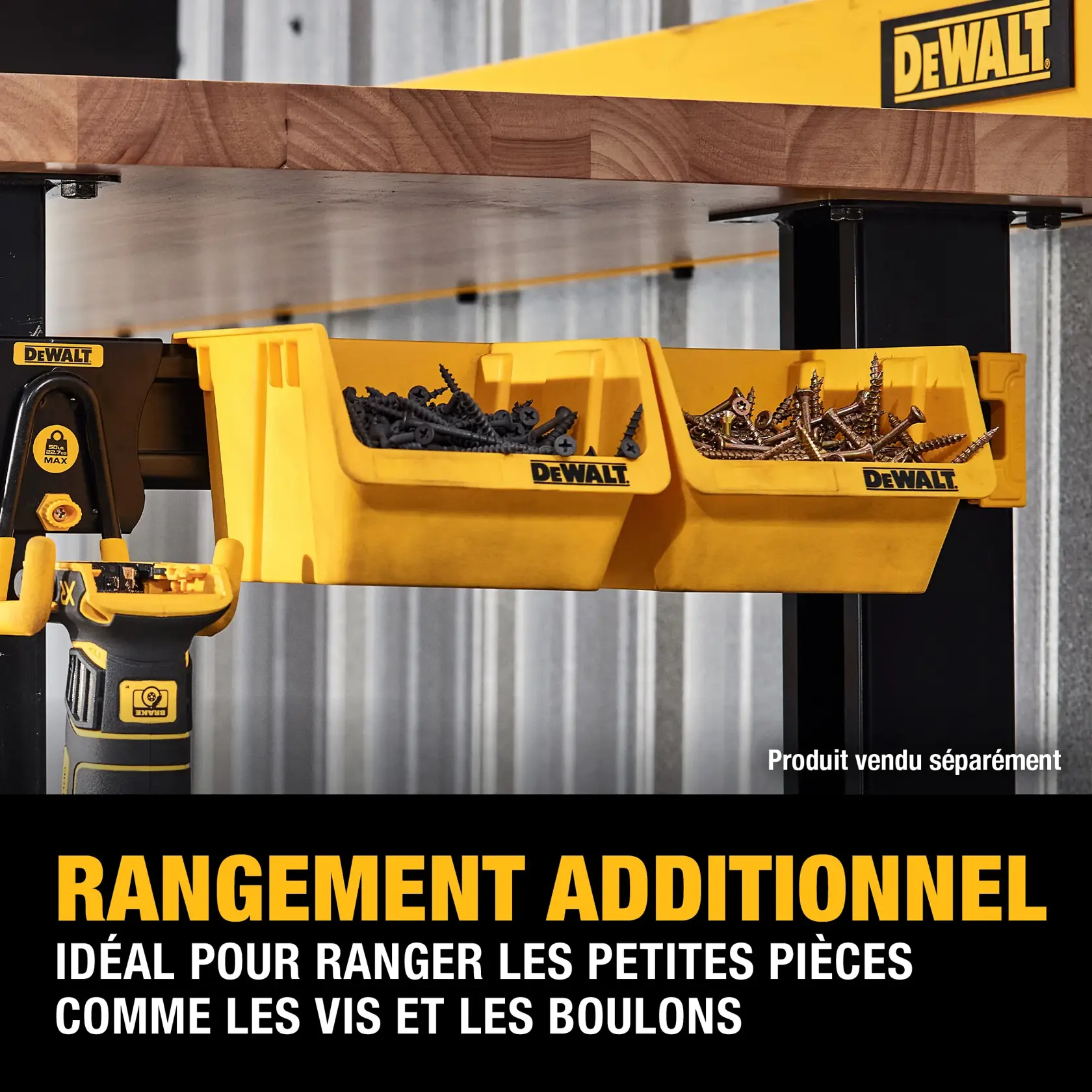 Two yellow DEWALT storage bins mounted under a wooden workbench, containing screws and bolts. The bins are designed to provide added storage for small parts, ideal for organizing hardware in a workshop. DEWALT branding is visible, and text highlights the storage feature.