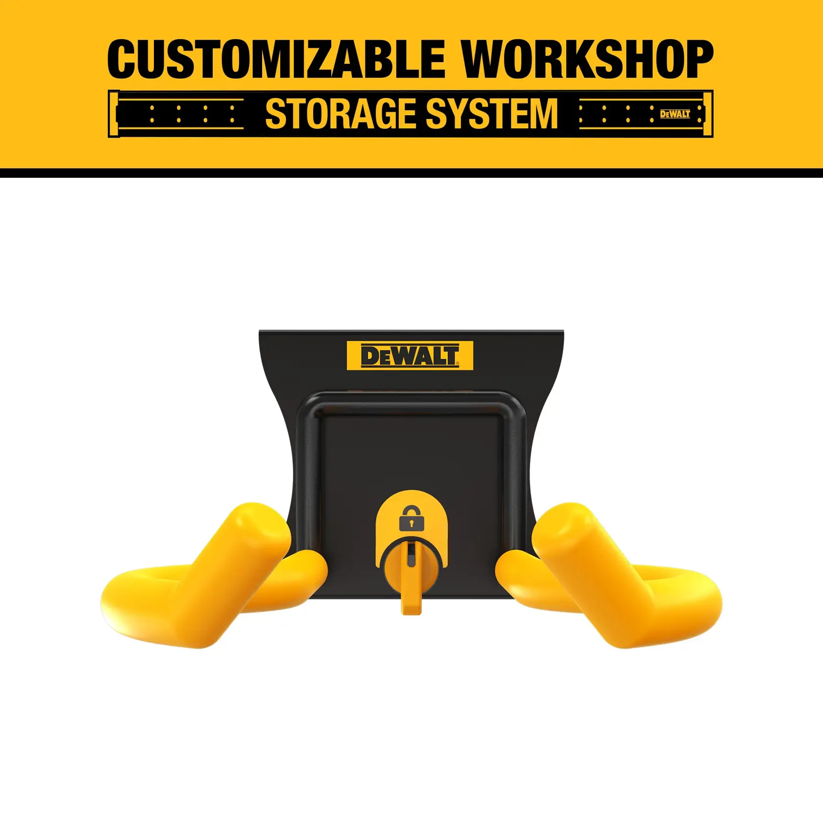 DEWALT customizable workshop storage system hook with yellow arms and a black mount, designed for organizing tools and equipment.
