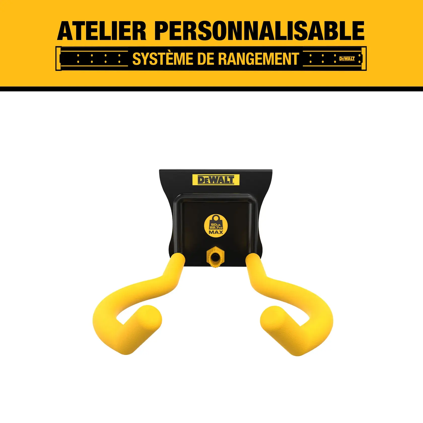 DEWALT customizable workshop storage system hook with yellow arms and a black mount, designed for organizing tools and equipment.