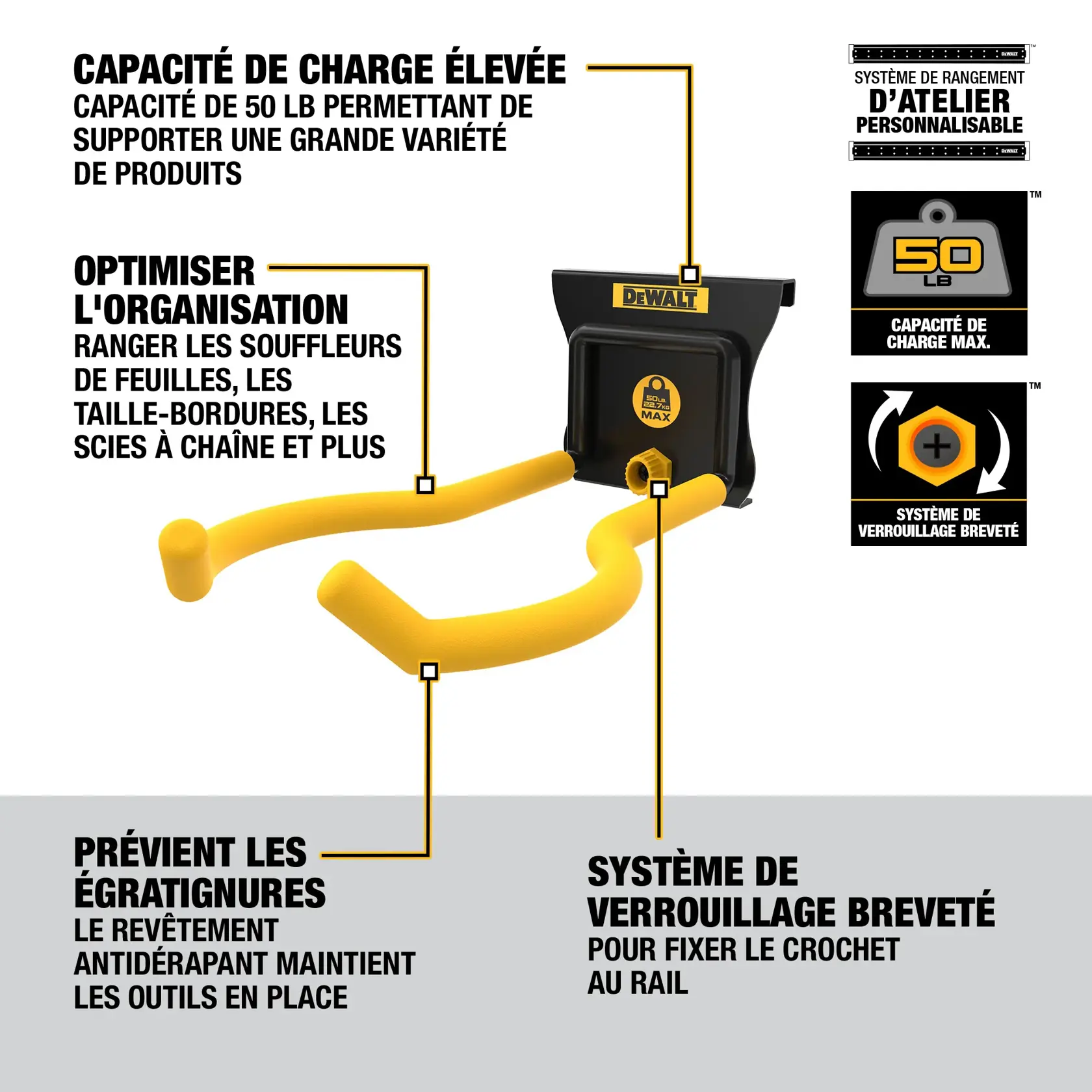 Image of a DEWALT heavy-duty tool hook for workshop storage, featuring yellow-coated arms and a black mounting bracket. Key features are highlighted: heavy-duty capacity supporting up to 50 lbs, optimization for organizing leaf blowers, trimmers, and chain saws, a slip-resistant coating to prevent damage, and a patented latching system for securing the hook to the rail.
