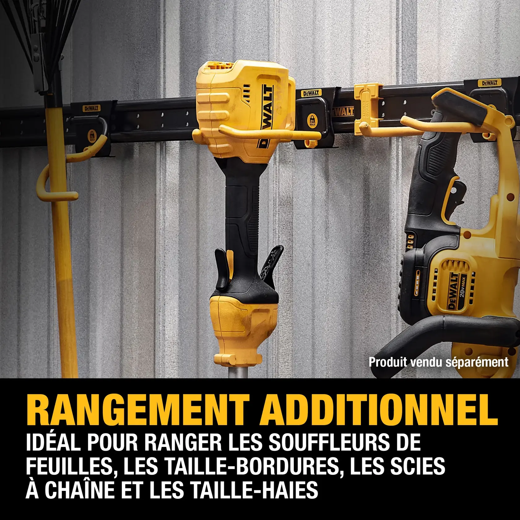 Three DEWALT outdoor tools, including a leaf blower, are mounted on a black wall storage rack inside a shed. The text at the bottom reads 'ADDED STORAGE. Ideal for storing leaf blowers, trimmers, chain saws, and hedge trimmers.'