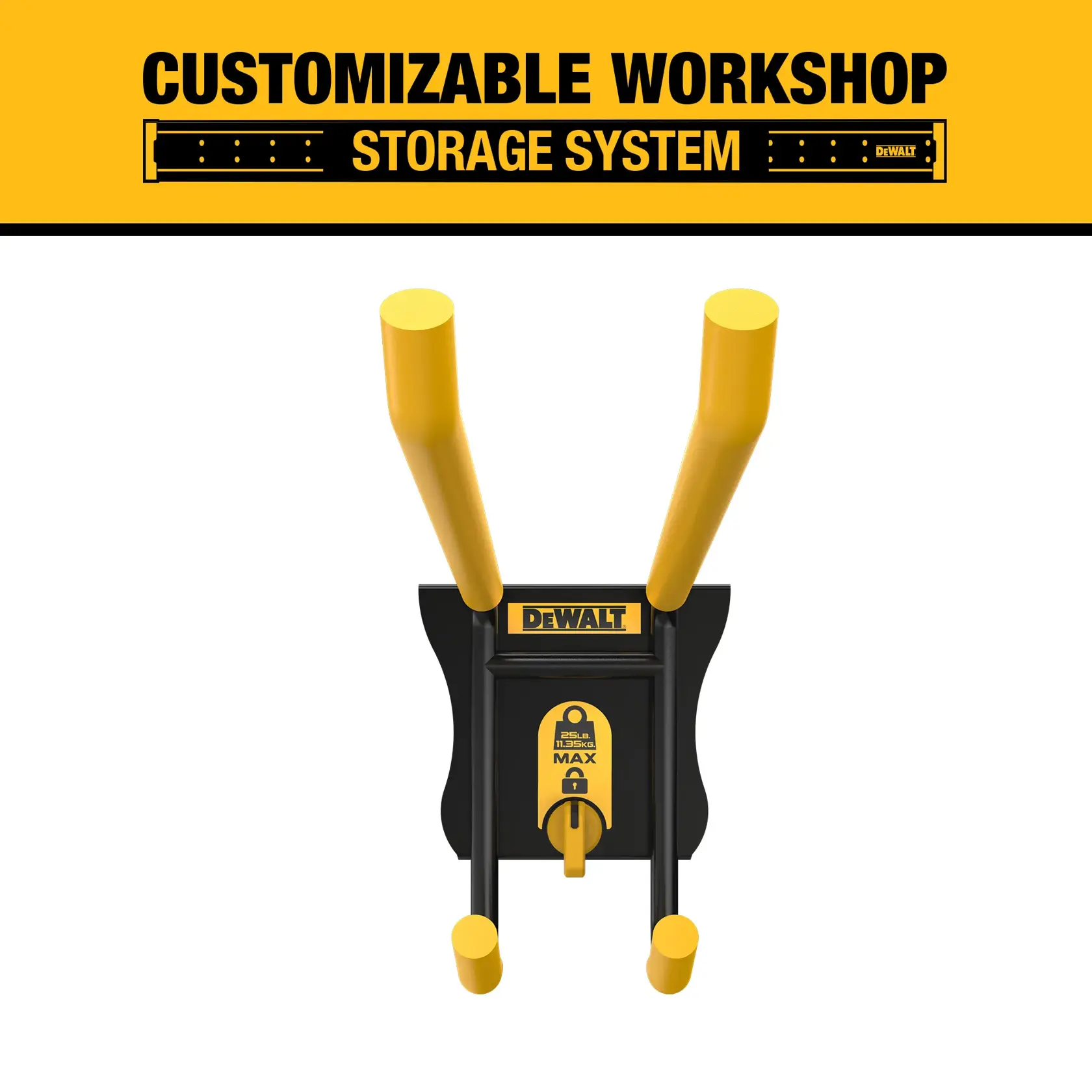 DEWALT customizable workshop storage system wall-mounted holder with two yellow arms, designed for organizing tools and equipment. Product branding and maximum weight information visible on the front.