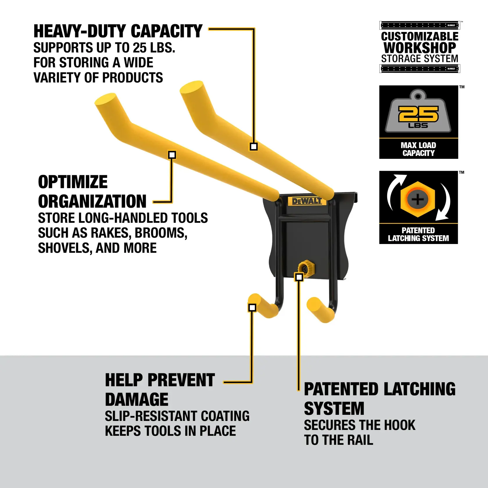 DEWALT DWST82815 workshop storage hook with yellow-coated arms and black base. Features include heavy-duty capacity up to 25 lbs, optimized organization for long-handled tools like rakes, brooms, and shovels, slip-resistant coating to help prevent damage, and a patented latching system to secure the hook to the rail.