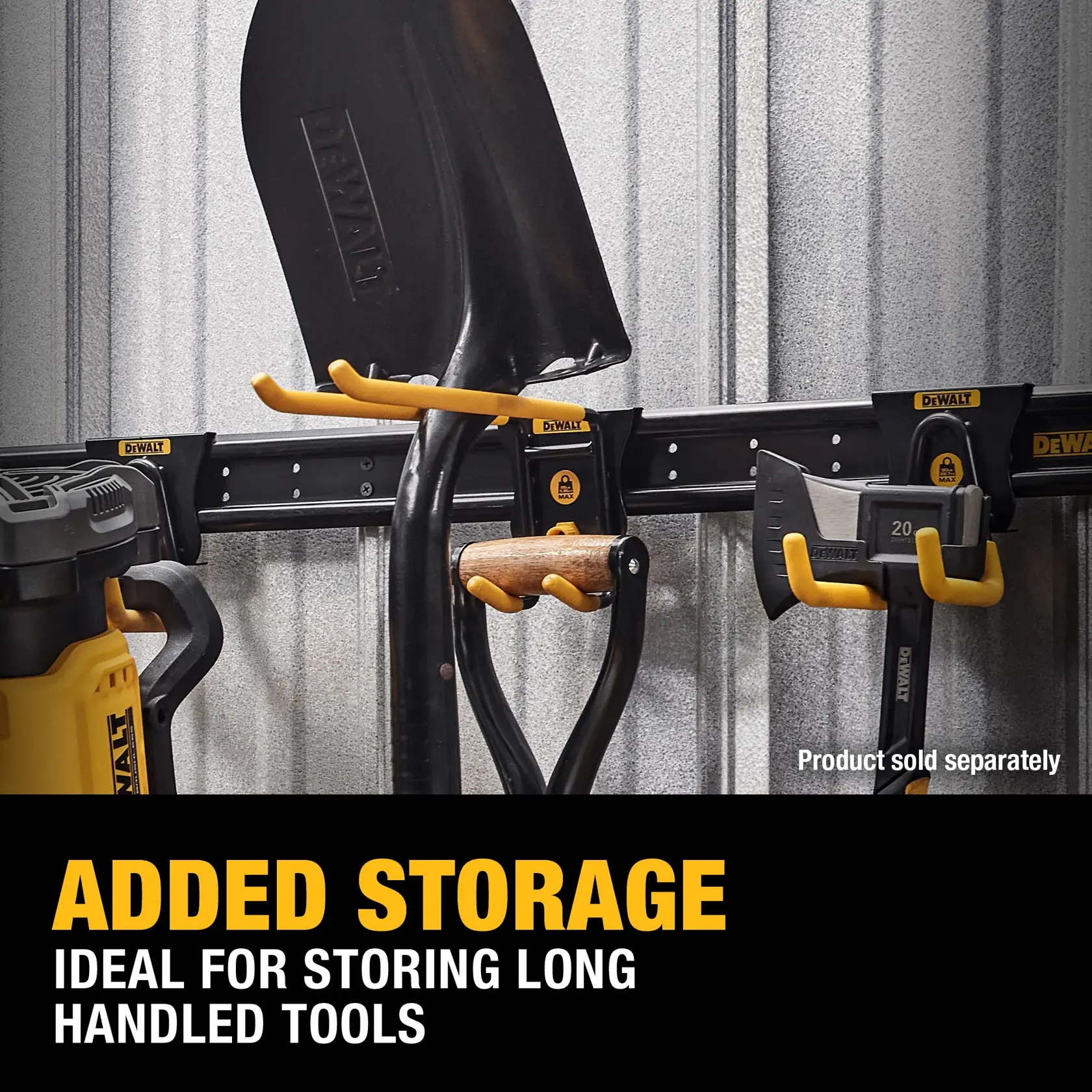 DEWALT storage rack mounted on a metal wall, holding long-handled tools including a shovel, an axe, and a power tool. Yellow and black labels and hooks organize the tools. Text highlights added storage and suitability for long-handled tools.