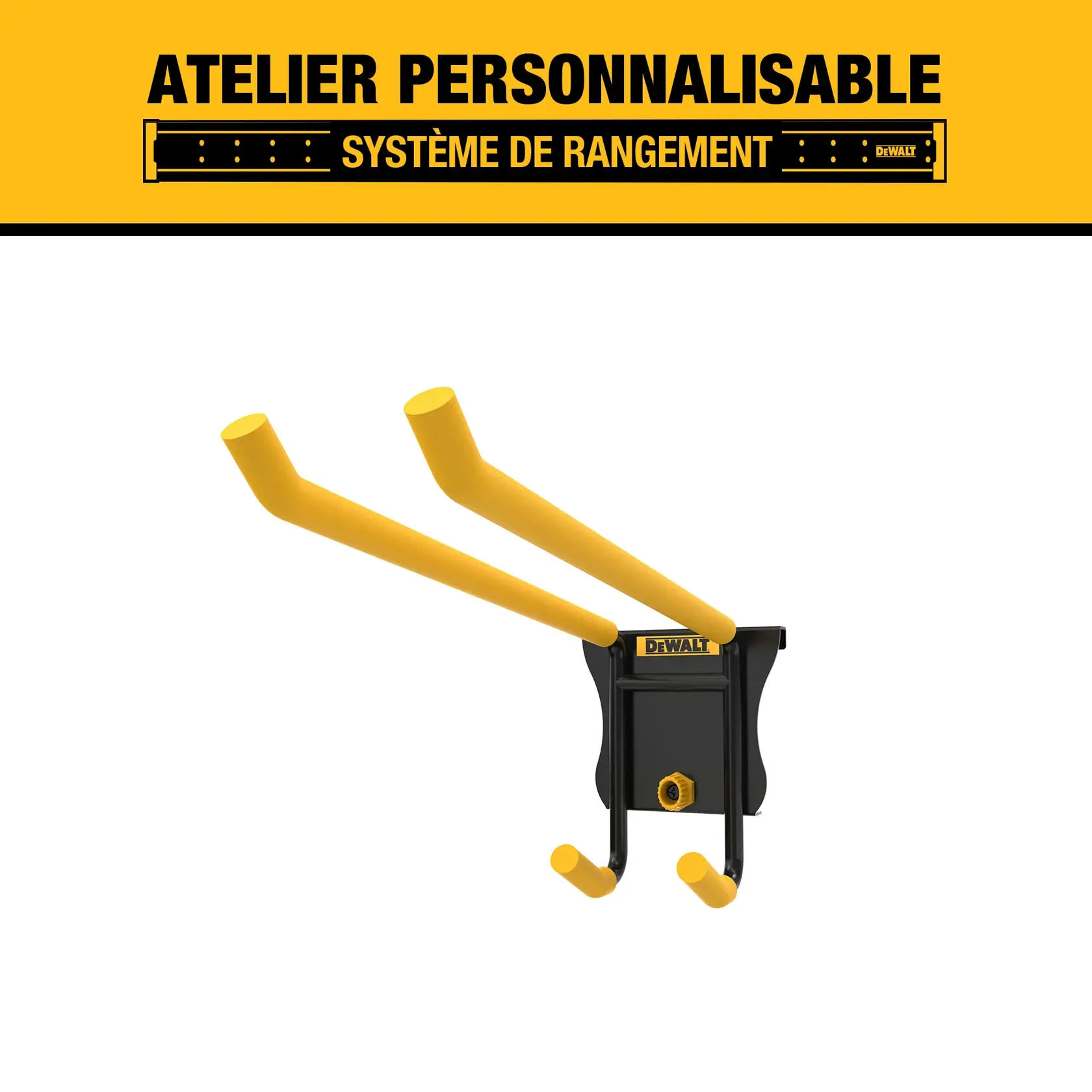 DEWALT customizable workshop storage system wall-mounted holder with two yellow arms, designed for organizing tools and equipment. Product branding and maximum weight information visible on the front.