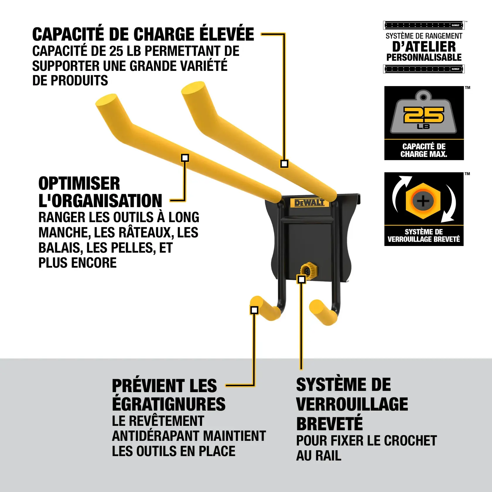 DEWALT DWST82815 workshop storage hook with yellow-coated arms and black base. Features include heavy-duty capacity up to 25 lbs, optimized organization for long-handled tools like rakes, brooms, and shovels, slip-resistant coating to help prevent damage, and a patented latching system to secure the hook to the rail.