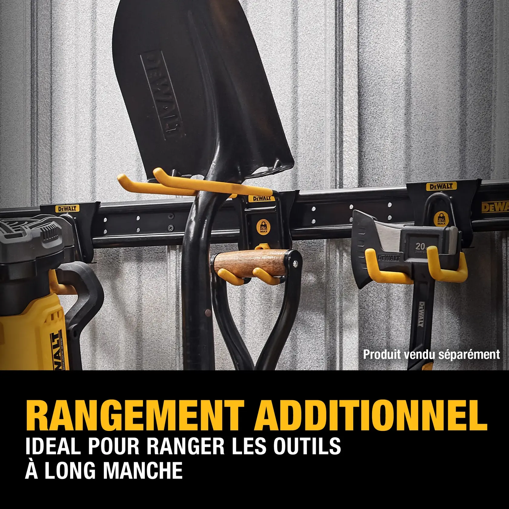 DEWALT storage rack mounted on a metal wall, holding long-handled tools including a shovel, an axe, and a power tool. Yellow and black labels and hooks organize the tools. Text highlights added storage and suitability for long-handled tools.