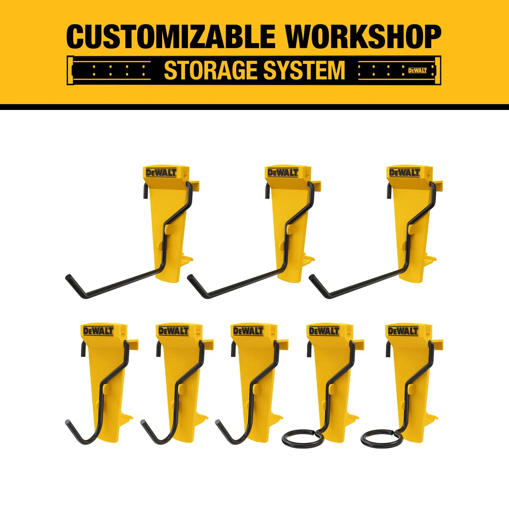 Image of DEWALT customizable workshop storage system, featuring eight yellow and black metal hooks or hangers for organizing tools and equipment. The DEWALT brand is visible on each hook, and the top banner reads 'Customizable Workshop Storage System.'