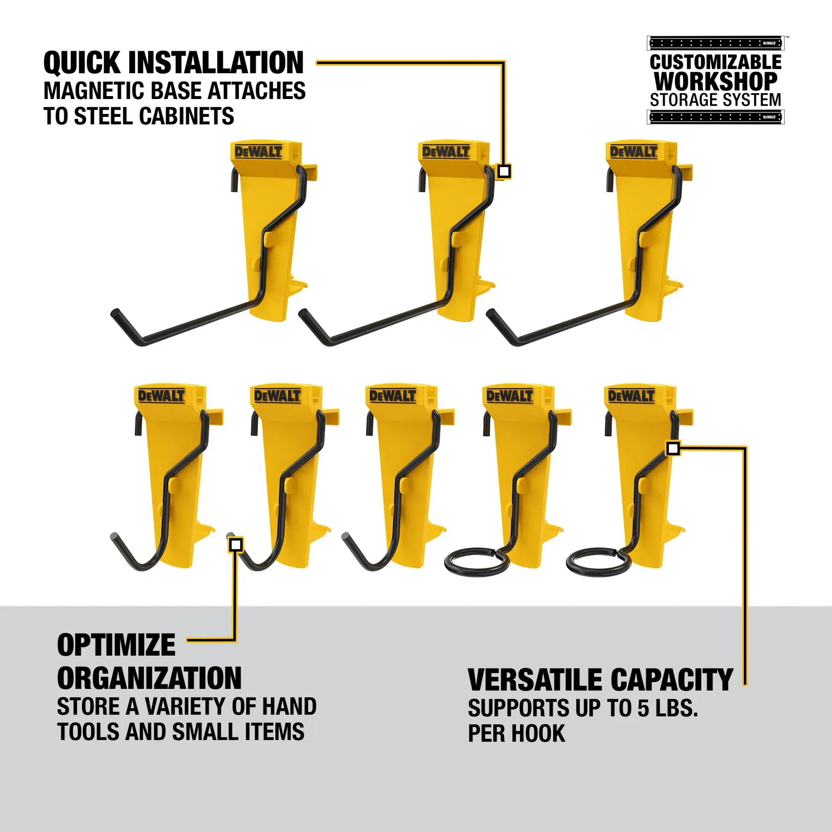Image showing several yellow DEWALT magnetic hooks for storage, mounted on steel cabinets, with text highlighting quick installation, customizable workshop storage system, organization optimization for hand tools and small items, and versatile capacity supporting up to 5 pounds per hook.