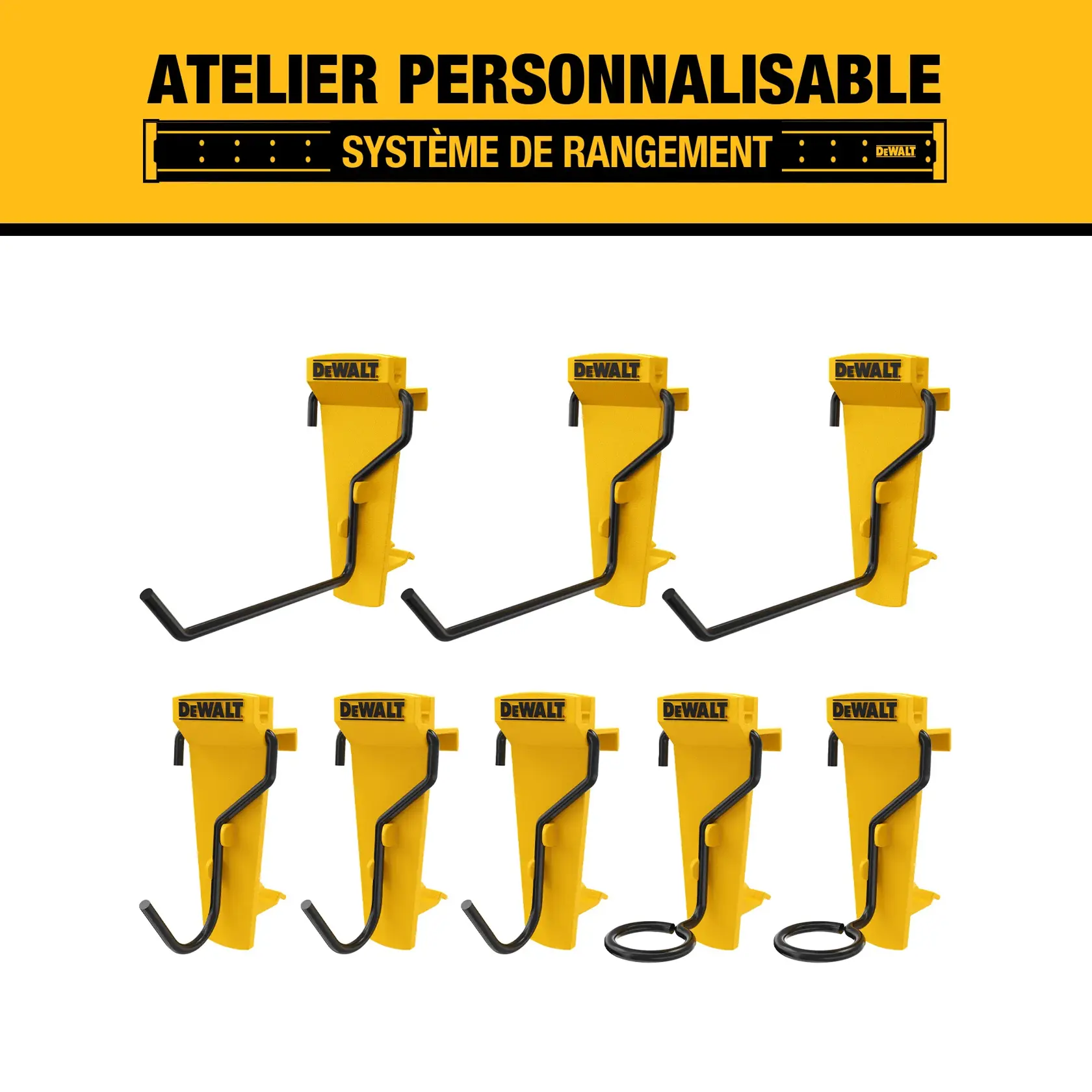 Image of DEWALT customizable workshop storage system, featuring eight yellow and black metal hooks or hangers for organizing tools and equipment. The DEWALT brand is visible on each hook, and the top banner reads 'Customizable Workshop Storage System.'