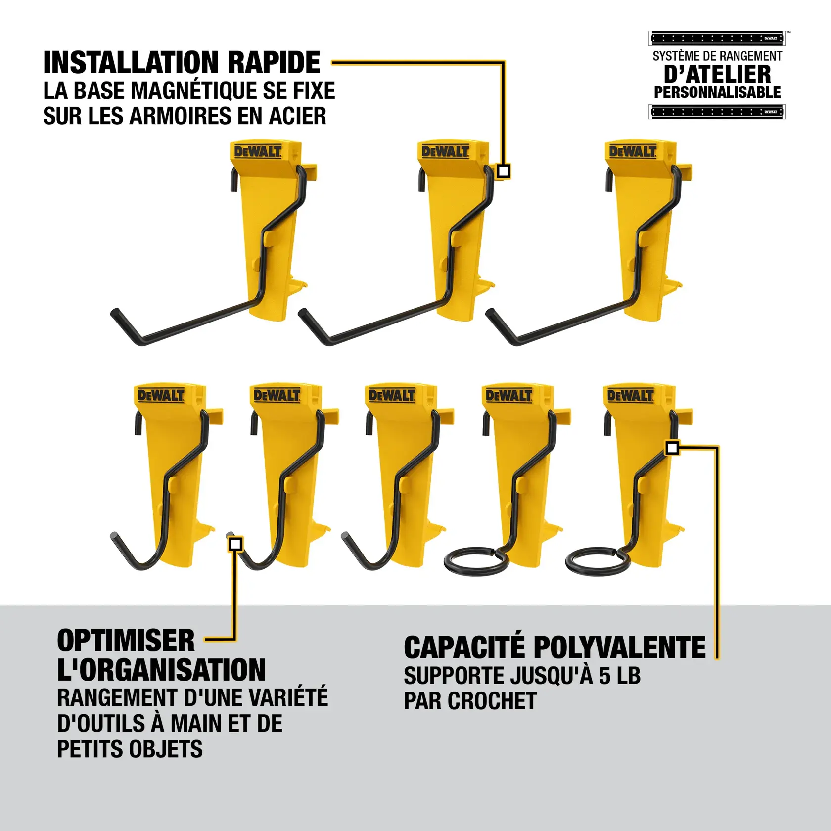 Image showing several yellow DEWALT magnetic hooks for storage, mounted on steel cabinets, with text highlighting quick installation, customizable workshop storage system, organization optimization for hand tools and small items, and versatile capacity supporting up to 5 pounds per hook.