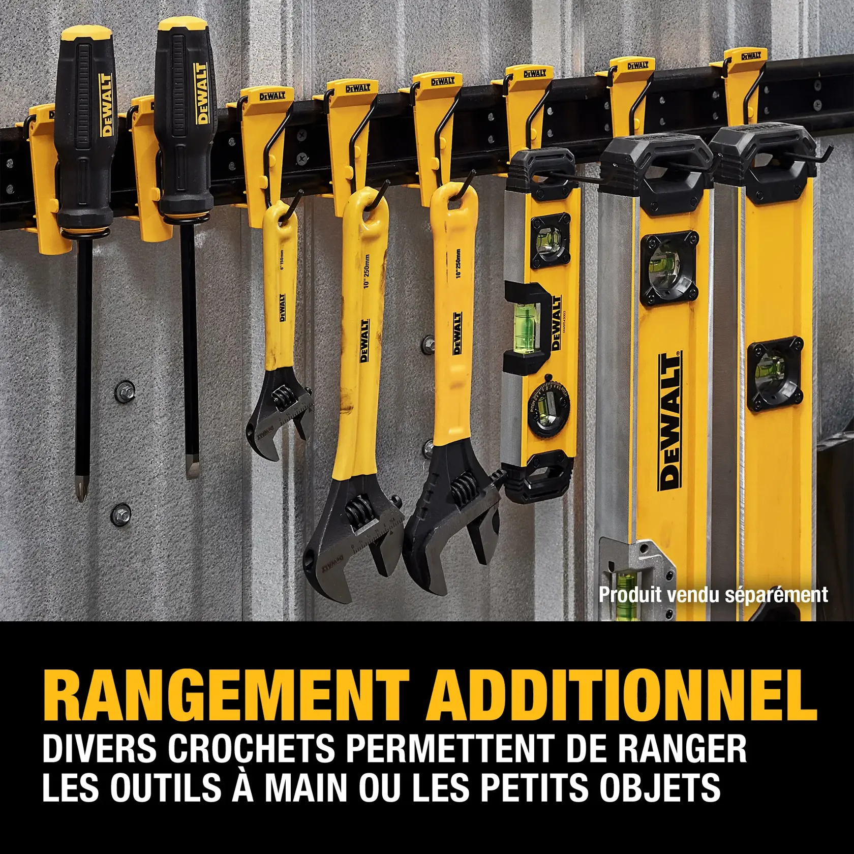 A variety of DEWALT hand tools, including screwdrivers, adjustable wrenches, and levels, are stored on a wall-mounted rack with multiple hooks. The hooks allow for organized storage of small tools in a workshop or garage. The image features a metal wall and a message stating 'Added Storage: variety of hooks can store hand tools or small items.' Product sold separately.