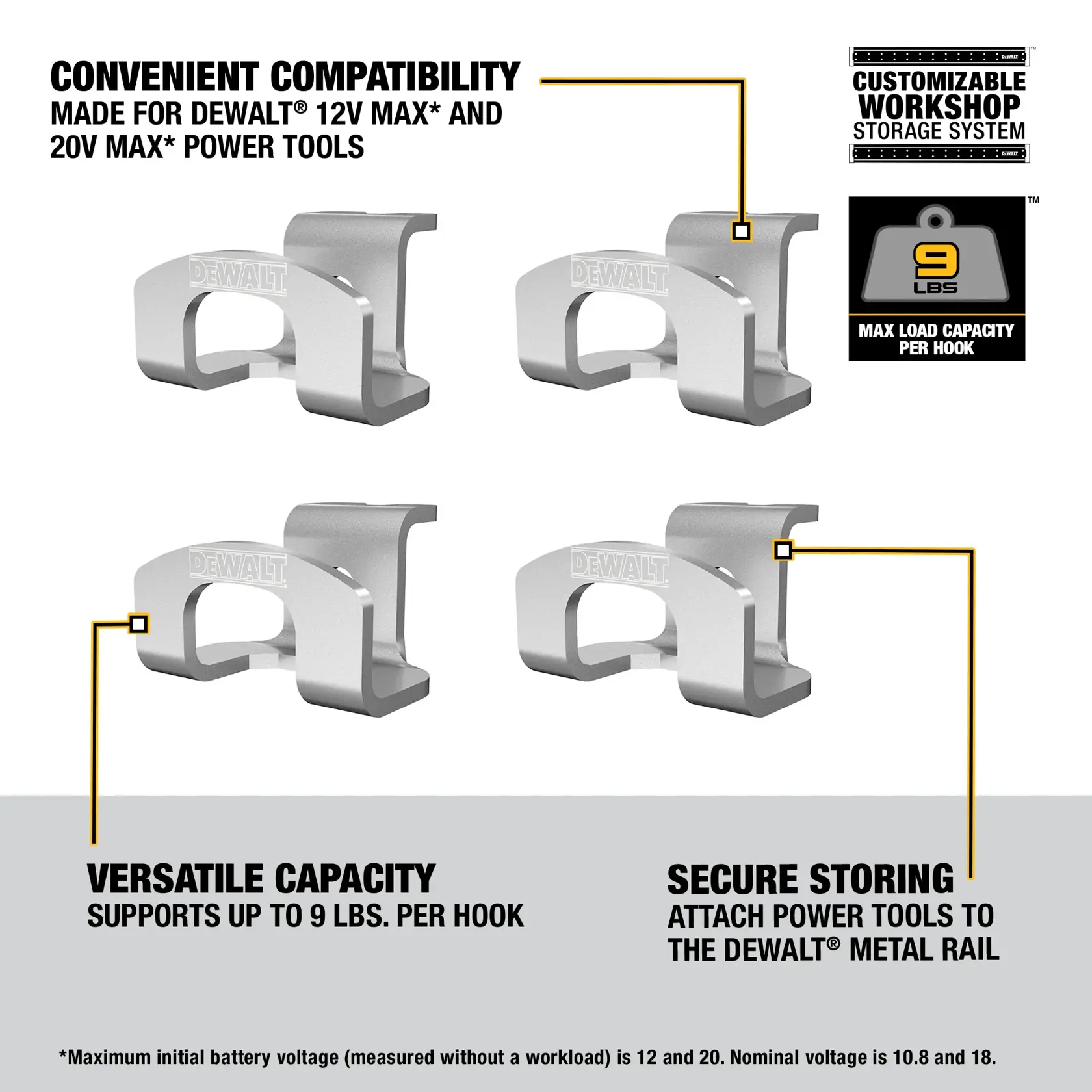 Graphic showing four DEWALT storage hooks for workshop organization, compatible with DEWALT 12V MAX and 20V MAX power tools. Features include customizable workshop storage system, hooks supporting up to 9 pounds each, and secure attachment to DEWALT metal rail.