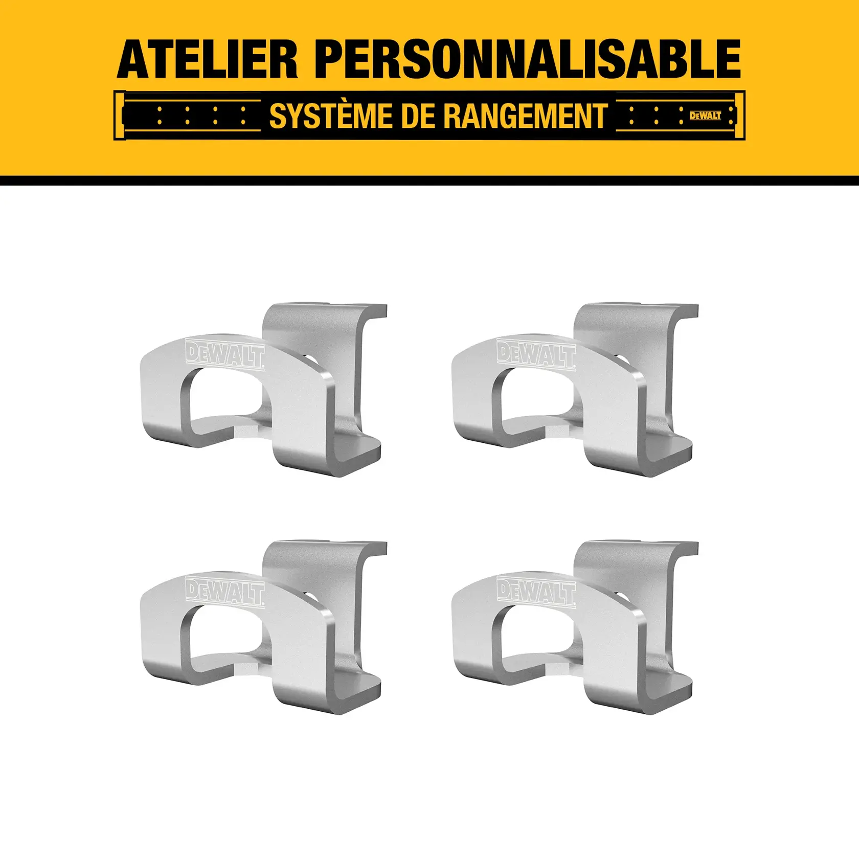 Image showing four metal storage clips from the DEWALT customizable workshop storage system. The clips are arranged in a grid pattern against a white background, with a yellow banner above displaying 'Customizable Workshop Storage System' with DEWALT branding.