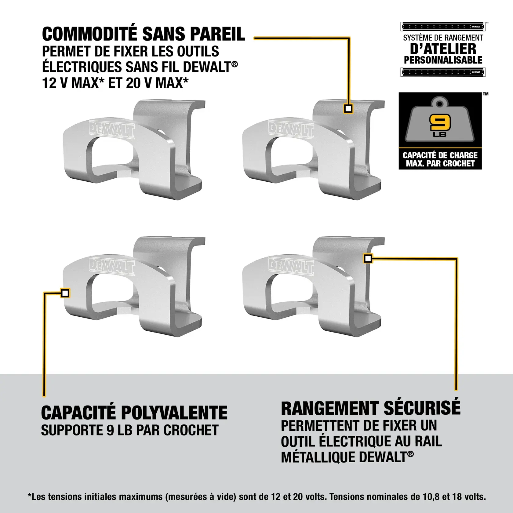 Graphic showing four DEWALT storage hooks for workshop organization, compatible with DEWALT 12V MAX and 20V MAX power tools. Features include customizable workshop storage system, hooks supporting up to 9 pounds each, and secure attachment to DEWALT metal rail.