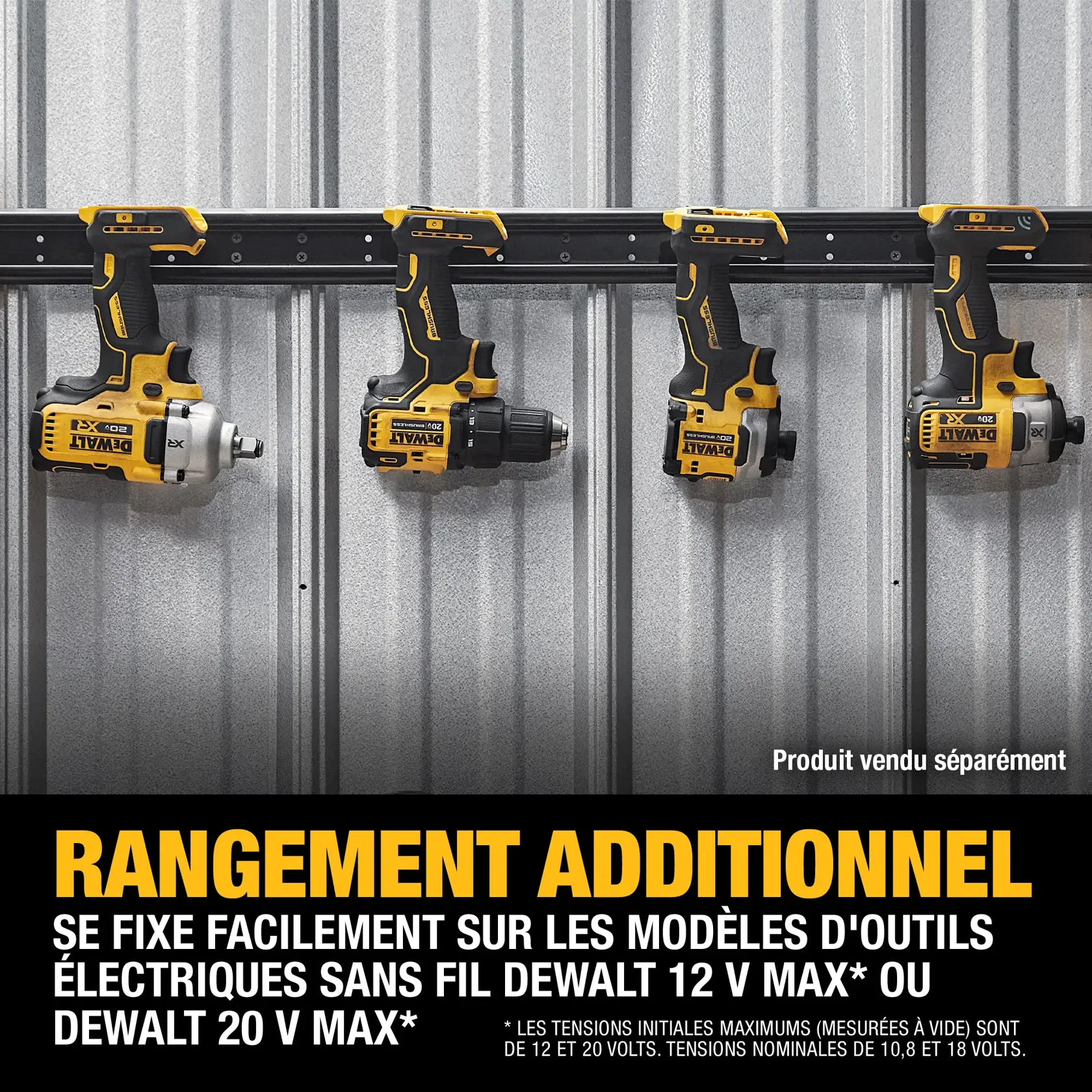Four DEWALT cordless power tools are mounted on a wall using a black storage rail for added storage. The product easily attaches to DEWALT 12V MAX or 20V MAX cordless tool models. The tools and rail are shown against a metallic panel wall. Text at the bottom highlights added storage and compatibility. Product is sold separately.