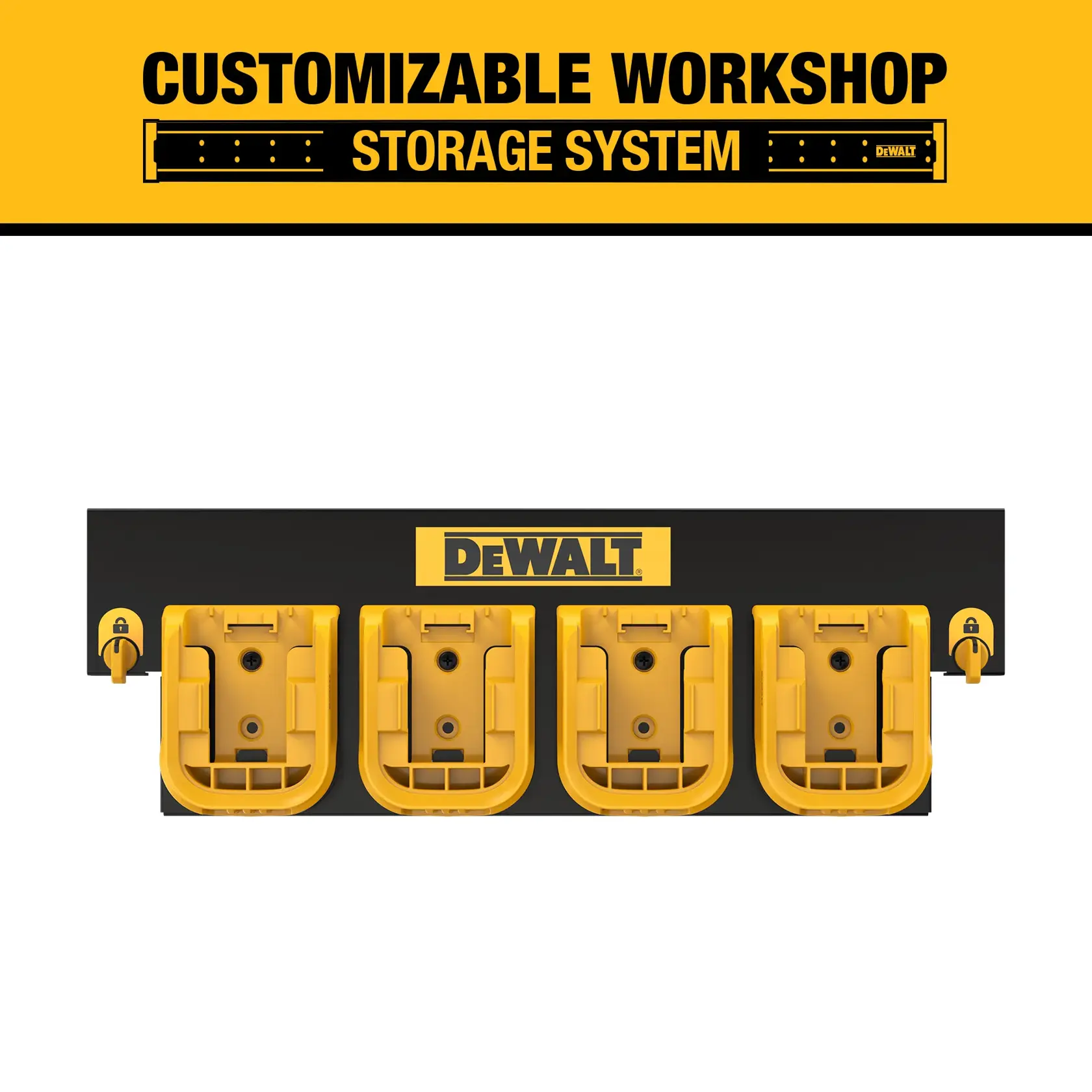 DEWALT customizable workshop storage system wall-mounted organizer with four yellow and black holders for tools or accessories, with locking mechanisms on both sides.