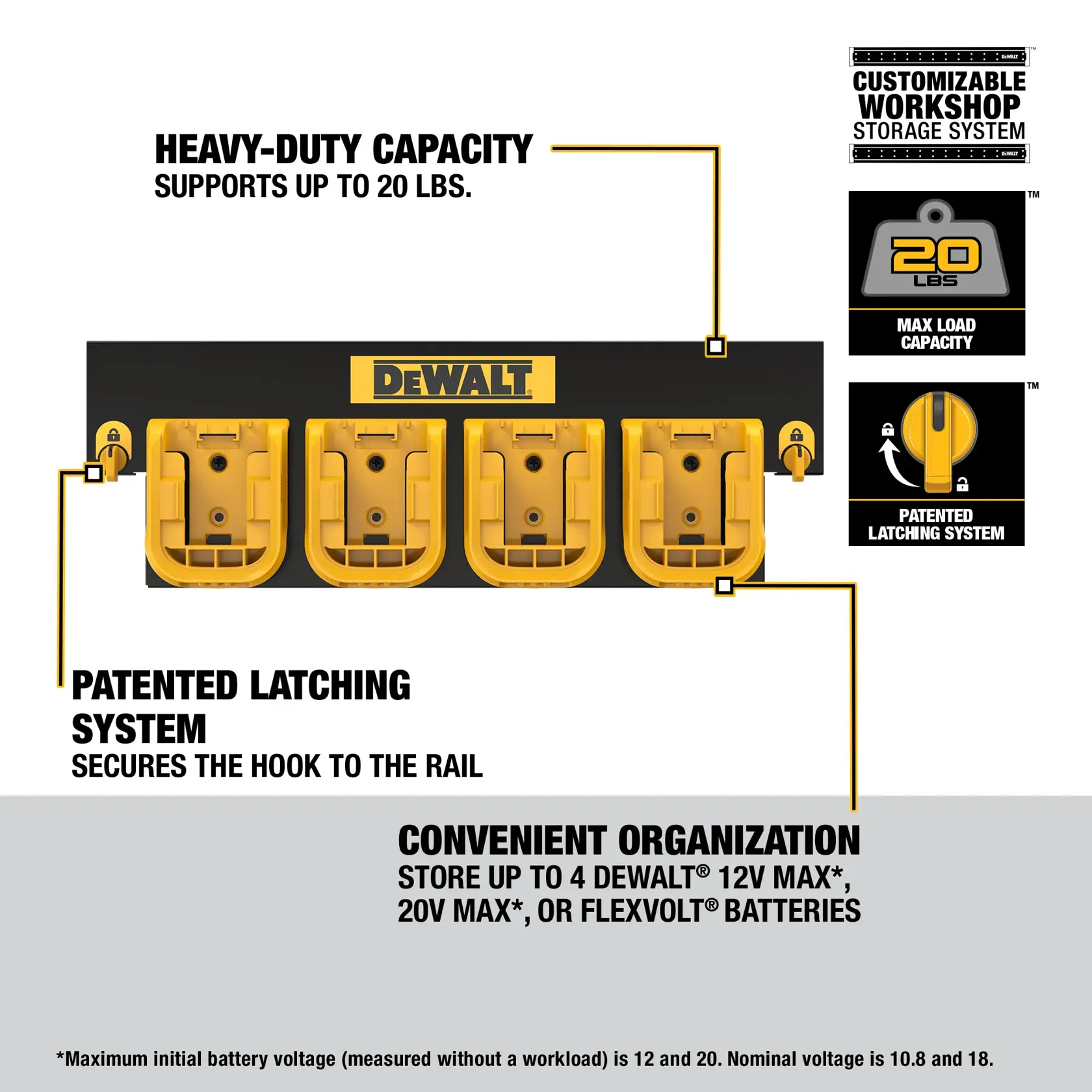 Image of a DEWALT customizable workshop storage system for batteries. The product is a wall-mounted black and yellow rack with four slots to hold DEWALT 12V MAX, 20V MAX, or FLEXVOLT batteries. Key features highlighted include heavy-duty capacity supporting up to 20 lbs, a patented latching system that secures the hook to the rail, and convenient organization that holds up to four batteries.