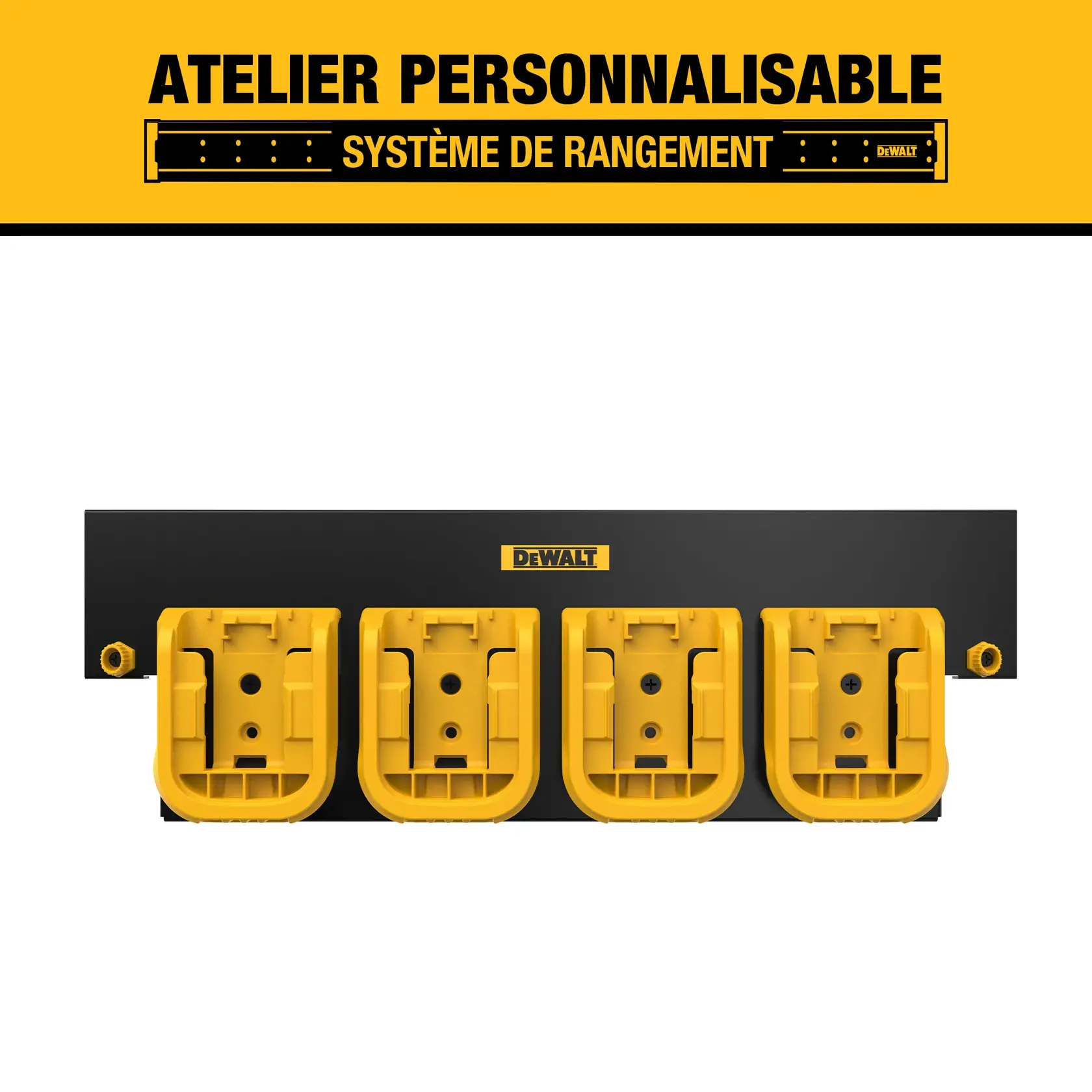 DEWALT customizable workshop storage system wall-mounted organizer with four yellow and black holders for tools or accessories, with locking mechanisms on both sides.