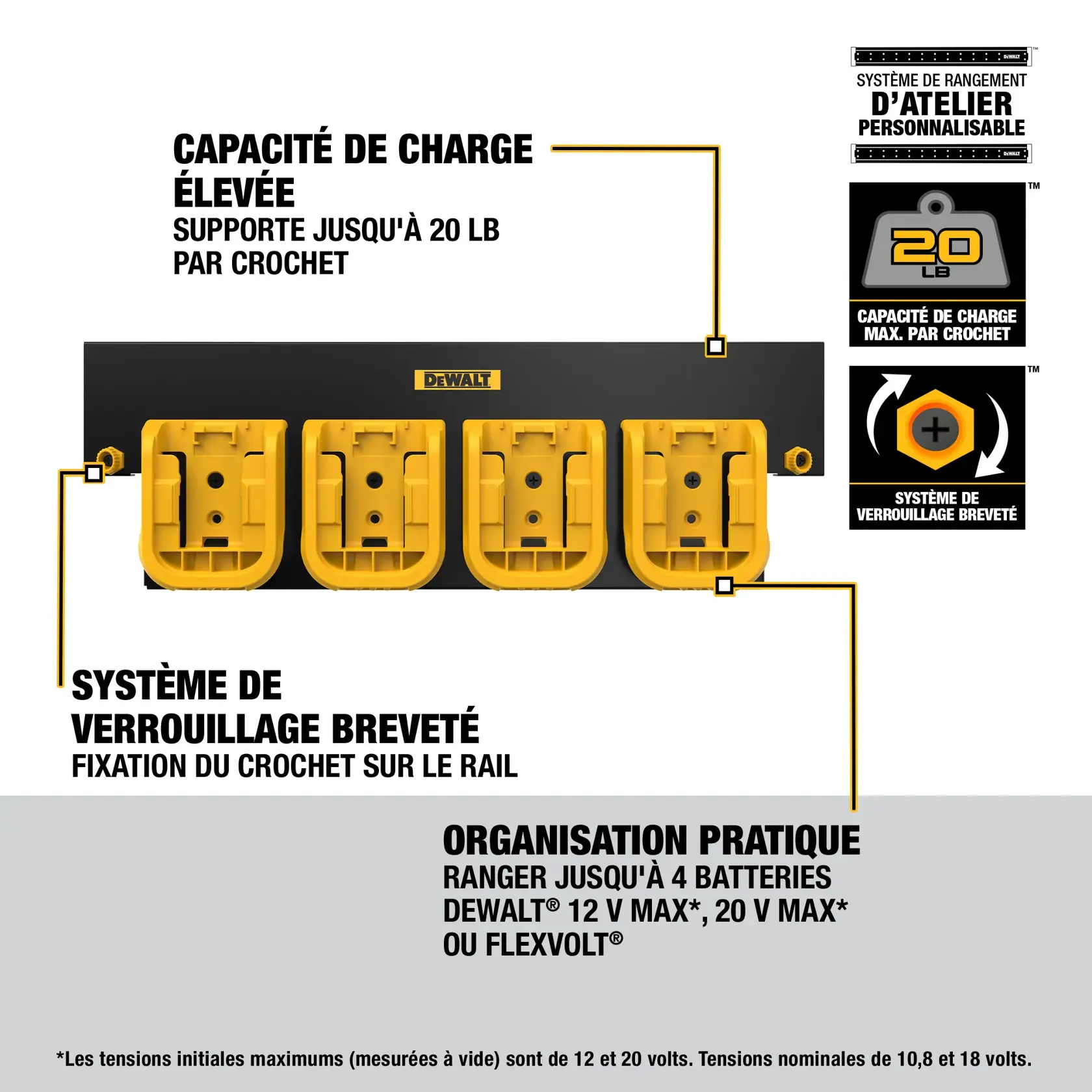 Image of a DEWALT customizable workshop storage system for batteries. The product is a wall-mounted black and yellow rack with four slots to hold DEWALT 12V MAX, 20V MAX, or FLEXVOLT batteries. Key features highlighted include heavy-duty capacity supporting up to 20 lbs, a patented latching system that secures the hook to the rail, and convenient organization that holds up to four batteries.