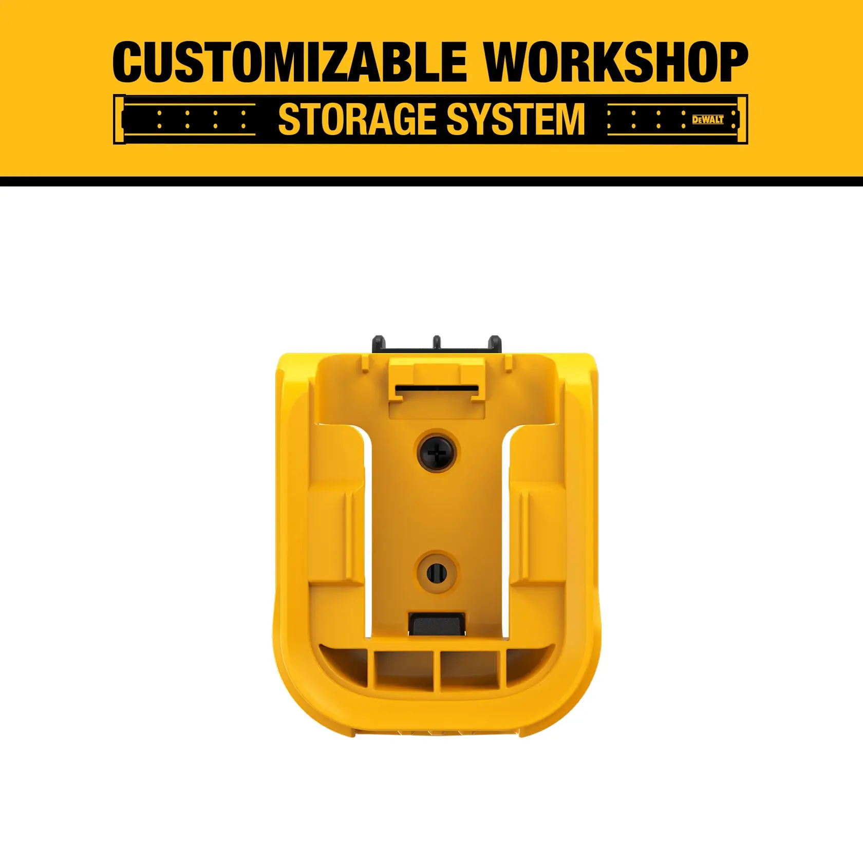 DEWALT customizable workshop storage system graphic featuring a yellow mounting bracket against a white background.