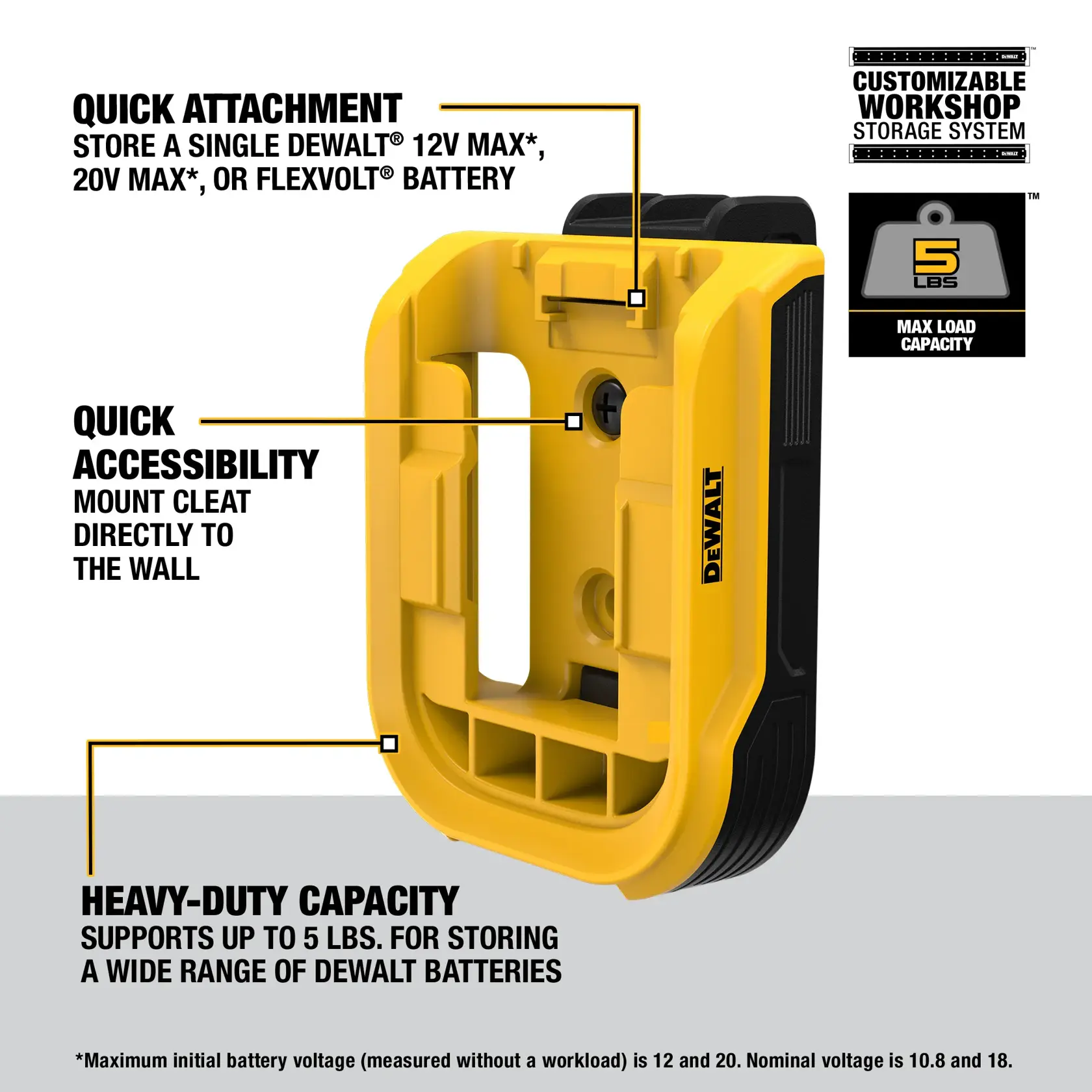 DEWALT DWST82820 customizable workshop storage system battery holder. Features include quick attachment for storing a single DEWALT 12V MAX, 20V MAX, or FLEXVOLT battery, quick accessibility with mount cleat that attaches directly to the wall, and heavy-duty capacity supporting up to 5 lbs for storing a wide range of DEWALT batteries. The holder is yellow and black with visible DEWALT branding.