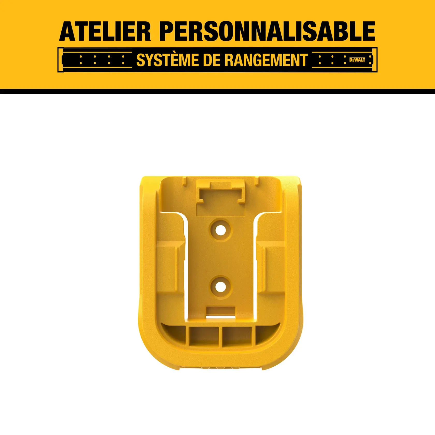 DEWALT customizable workshop storage system graphic featuring a yellow mounting bracket against a white background.