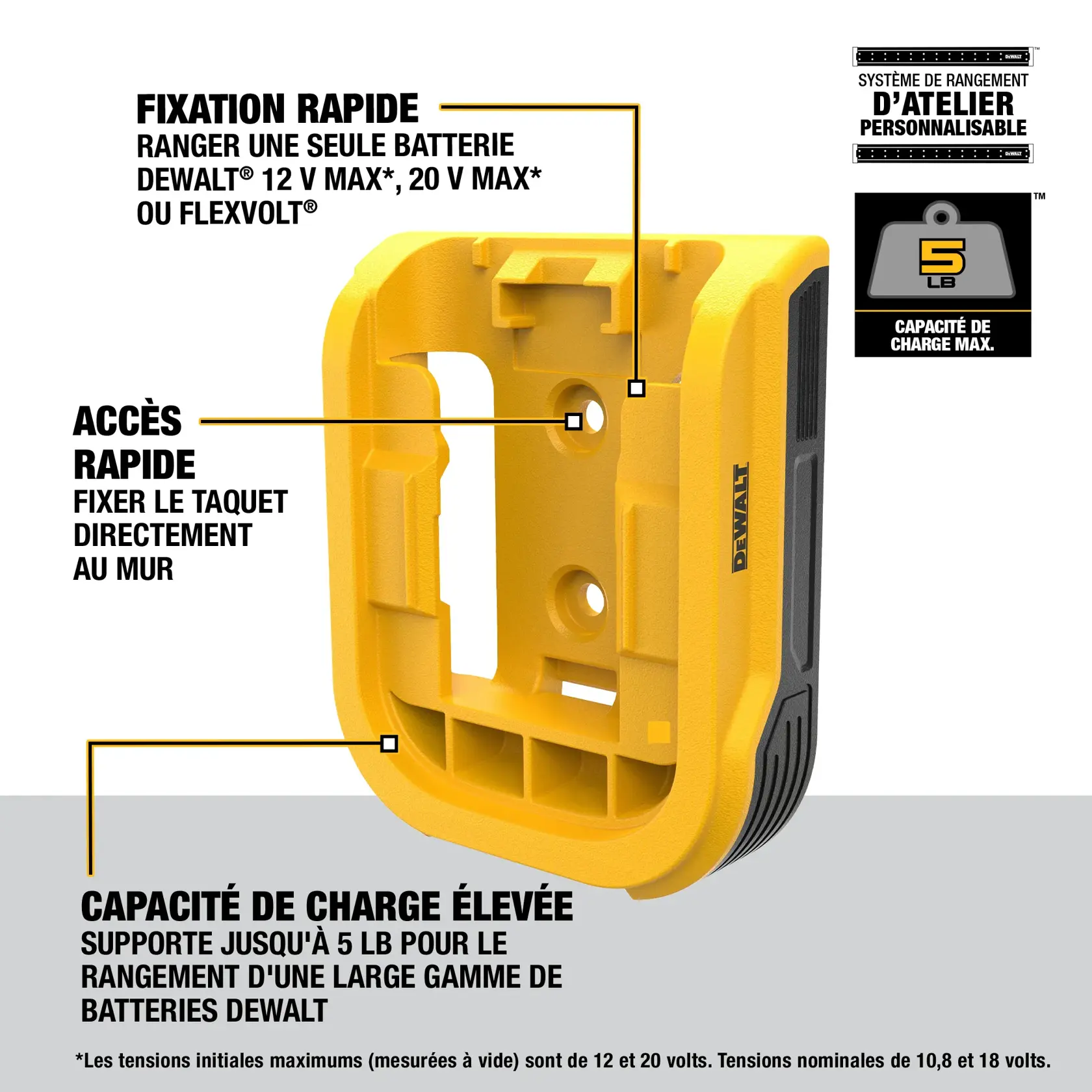 DEWALT DWST82820 customizable workshop storage system battery holder. Features include quick attachment for storing a single DEWALT 12V MAX, 20V MAX, or FLEXVOLT battery, quick accessibility with mount cleat that attaches directly to the wall, and heavy-duty capacity supporting up to 5 lbs for storing a wide range of DEWALT batteries. The holder is yellow and black with visible DEWALT branding.